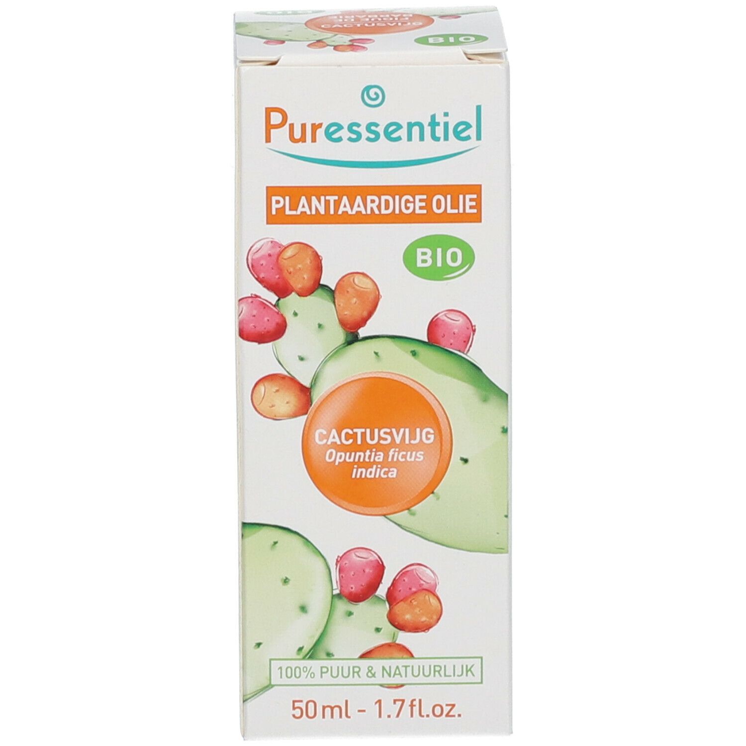 Verpackung mit Kaktusfeigen-Illustration, Produktname und Bio-Siegel. Enthält 50ml.
