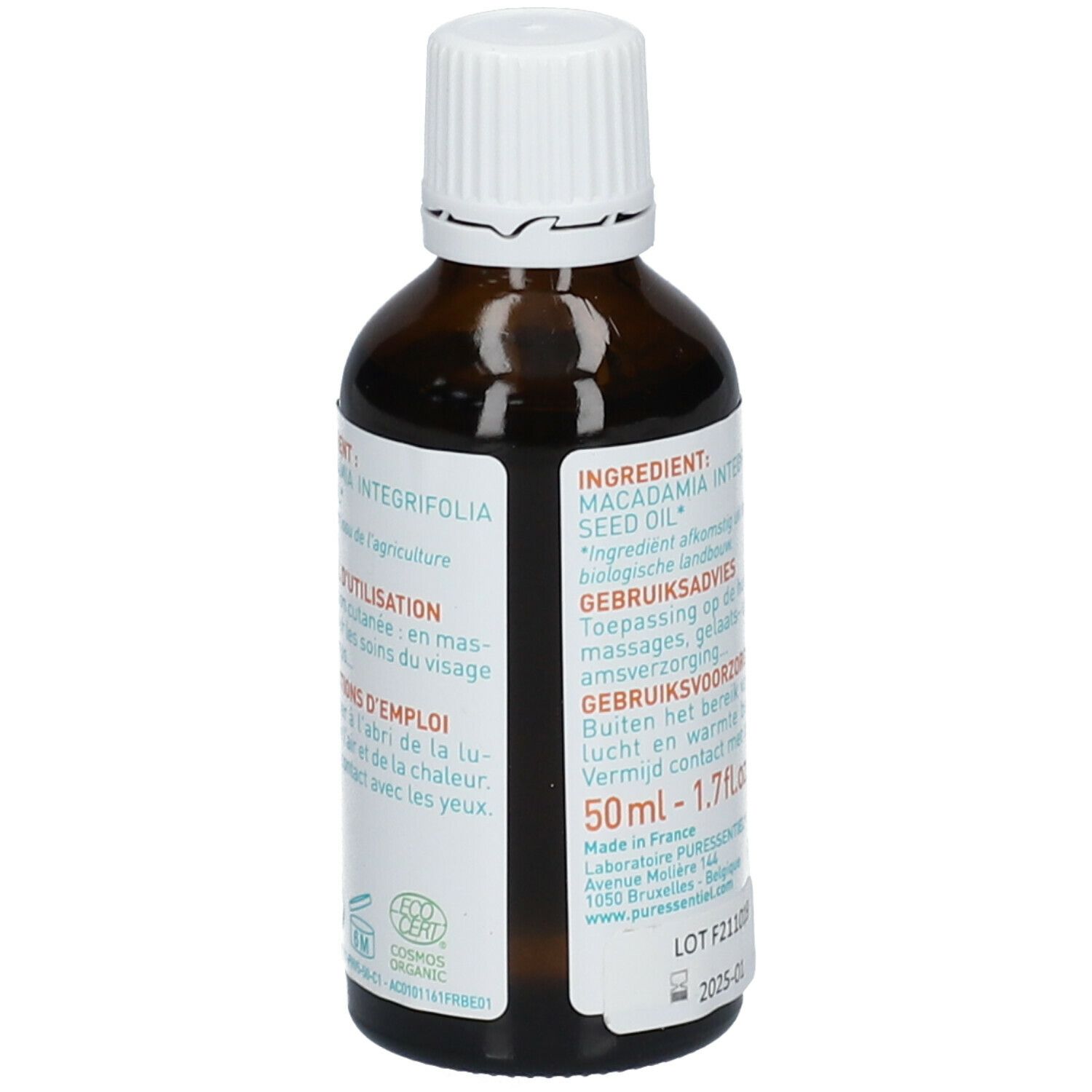 Bruine glazen fles met witte dop. Achteretiket met ingrediënten en gebruiksaanwijzing.