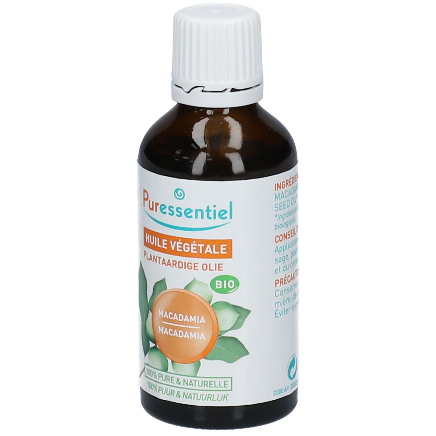 Bruine glazen fles met witte dop. Etiket met productnaam en logo. BIO-certificering.