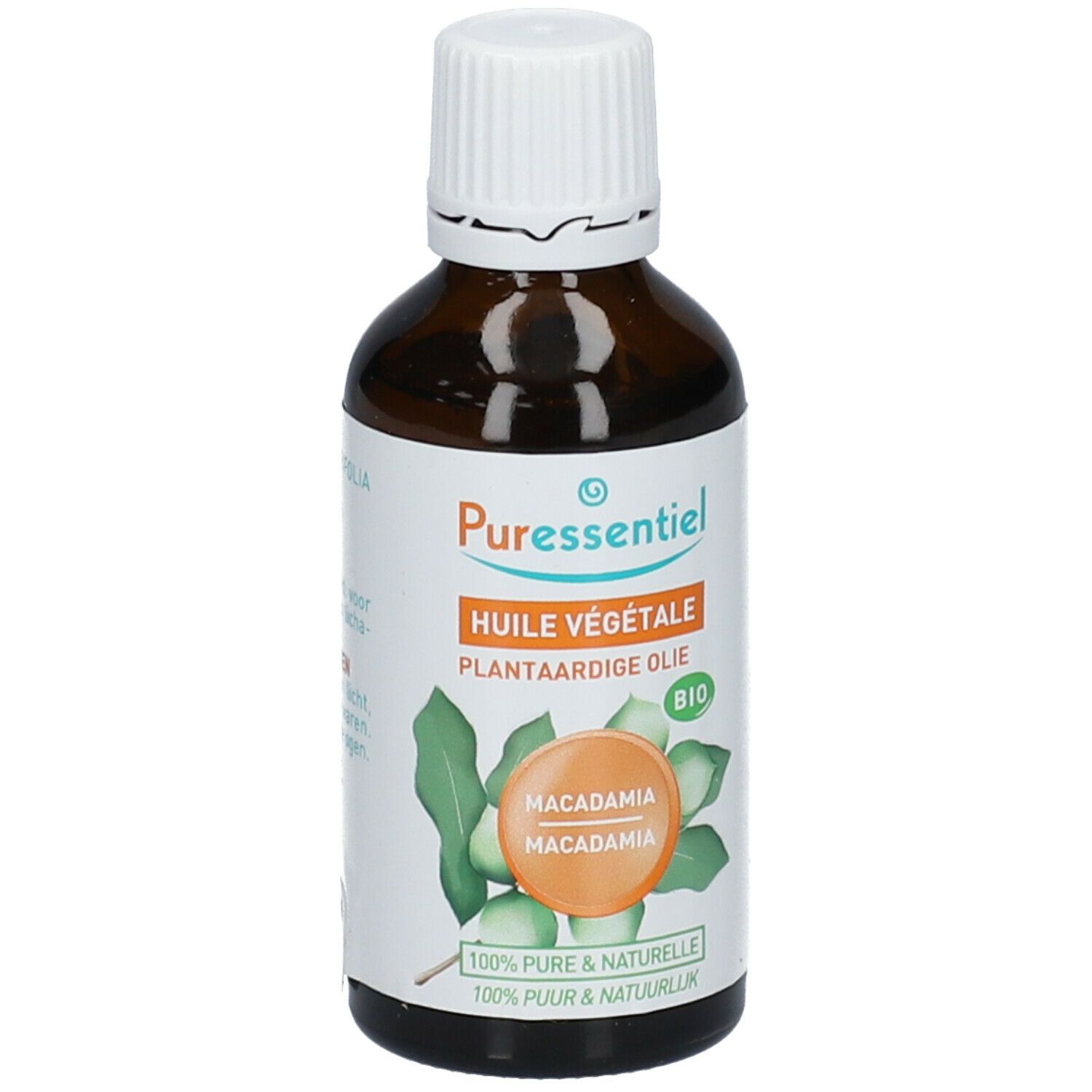 Bruine glazen fles met witte dop. Etiket met productnaam en logo. BIO-certificering.