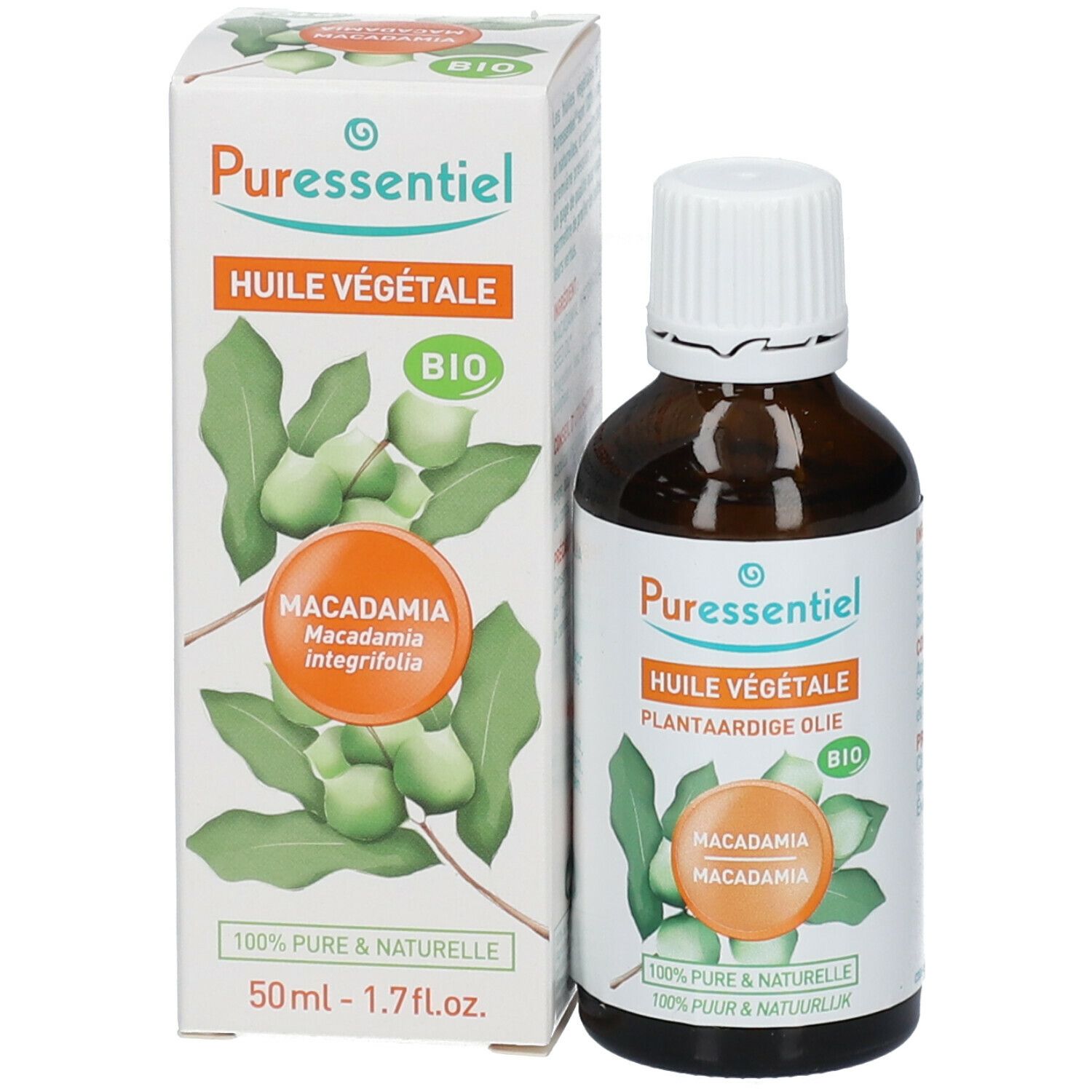 Bruine glazen fles met witte dop en kartonnen verpakking. Productnaam en logo. BIO-certificering.
