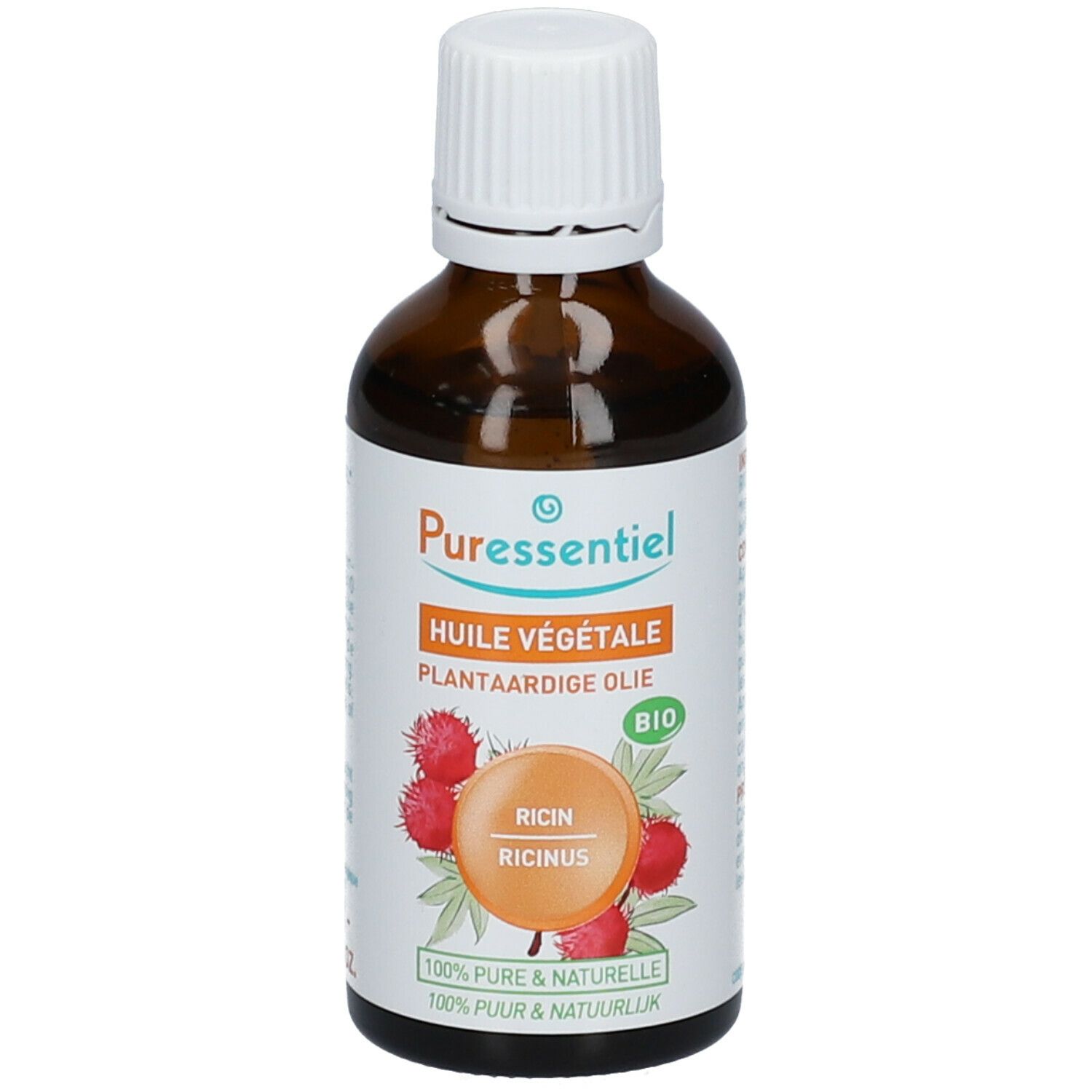 Bruine glazen fles met witte dop. Etiket met productnaam, illustraties en bio-keurmerk.