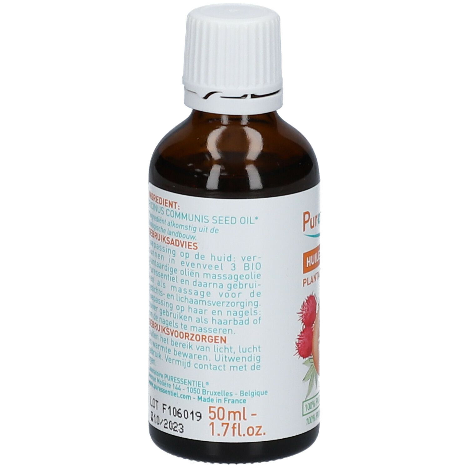 Achterkant van de fles. Etiket met ingrediënten, gebruiksaanwijzing en voorzorgsmaatregelen.