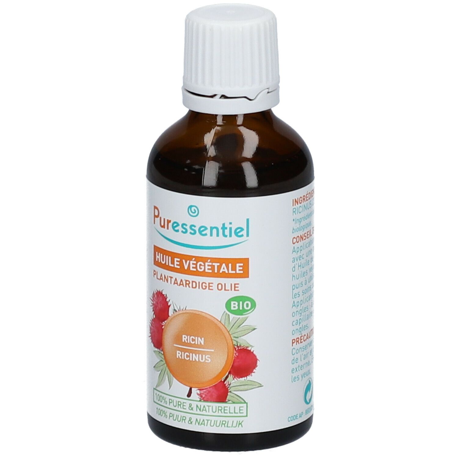 Bruine glazen fles met witte dop. Etiket met productnaam, illustraties en bio-keurmerk.
