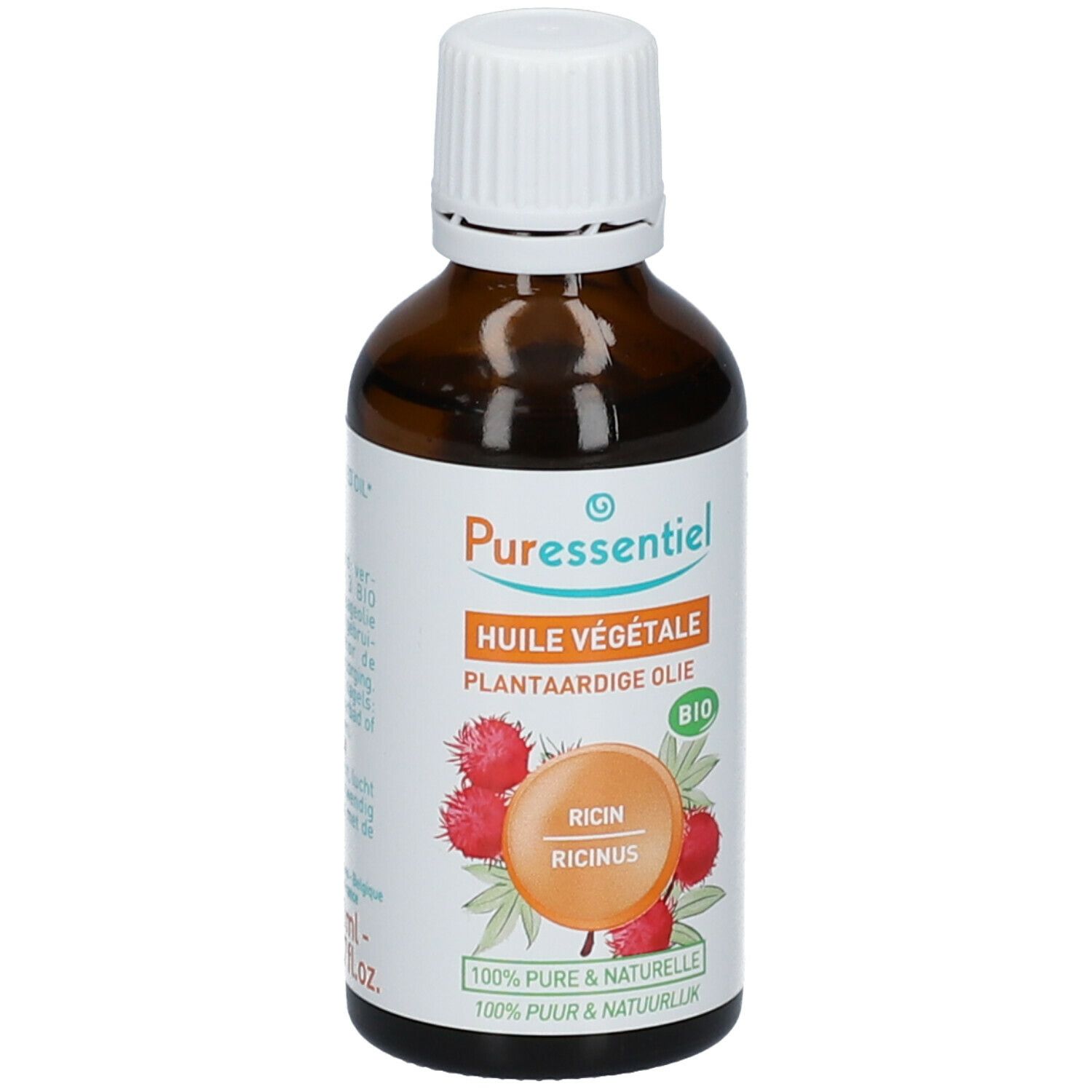 Bruine glazen fles met witte dop. Etiket met productnaam, illustraties en bio-keurmerk.