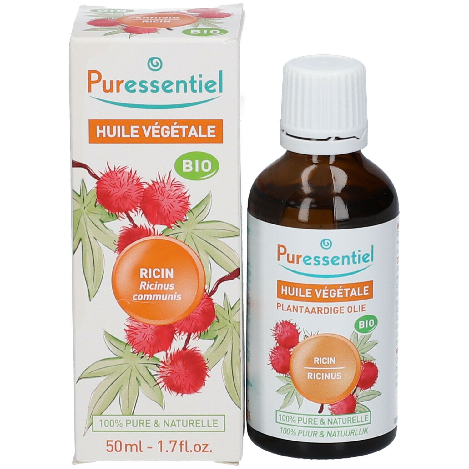 Productfles en verpakking. Witte doos met productnaam, illustraties en bio-keurmerk.