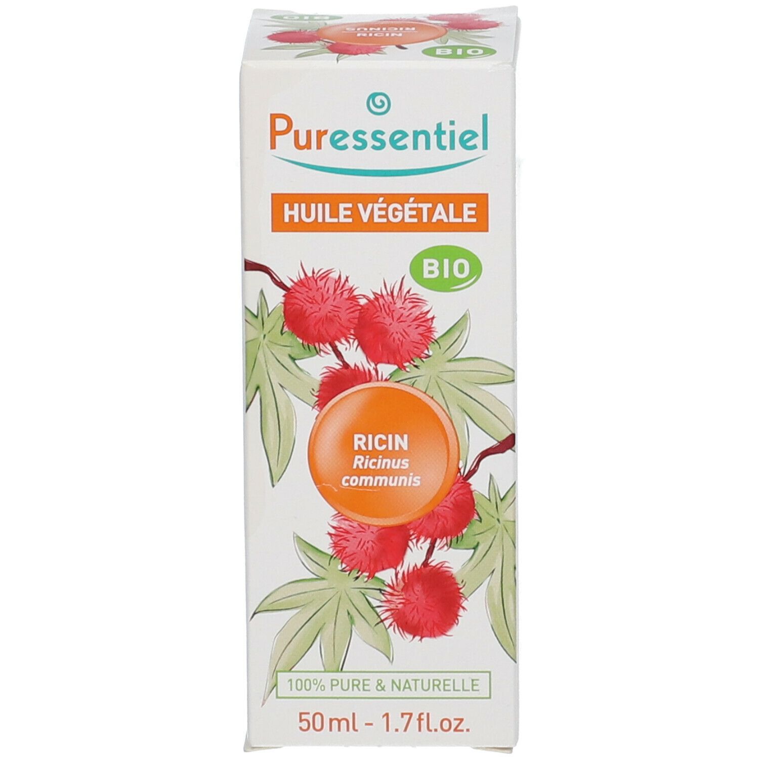 Witte verpakking met productnaam, illustraties en bio-keurmerk. 50ml-aanduiding.