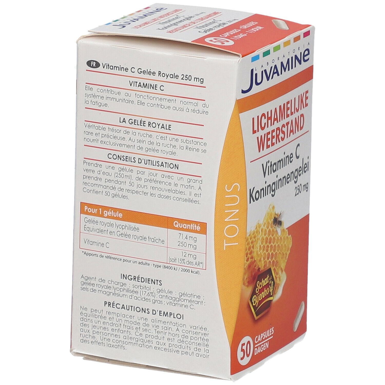 Zijkant van de doos JUVAMINE Vitamine C Gelee royale 250mg. Tekst in het Frans en Nederlands. 50 capsules. Illustratie van honingraat.
