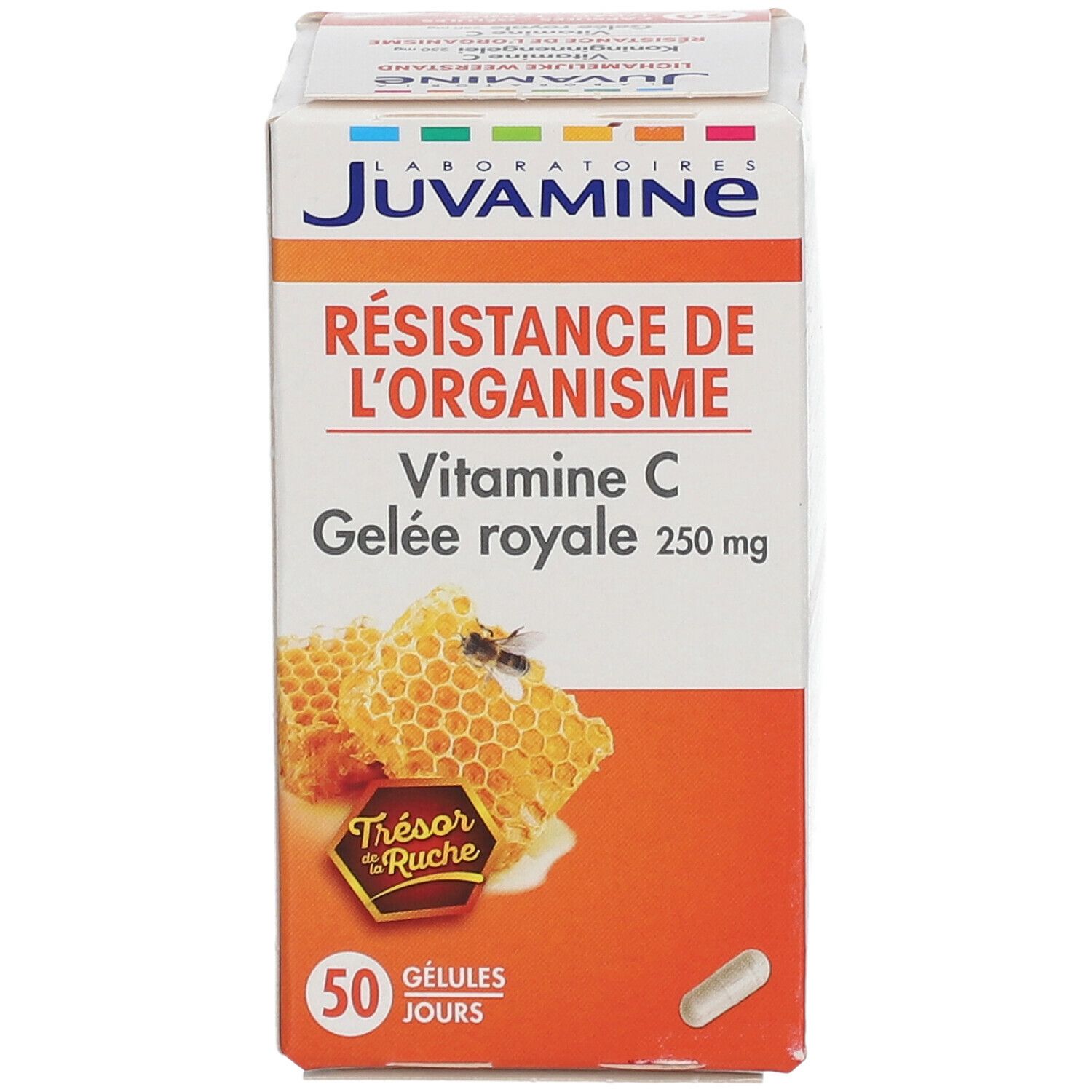 Doos JUVAMINE Vitamine C Gelee royale 250mg. Opschrift: Résistance de l'organisme. 50 capsules. Illustratie van honingraat.
