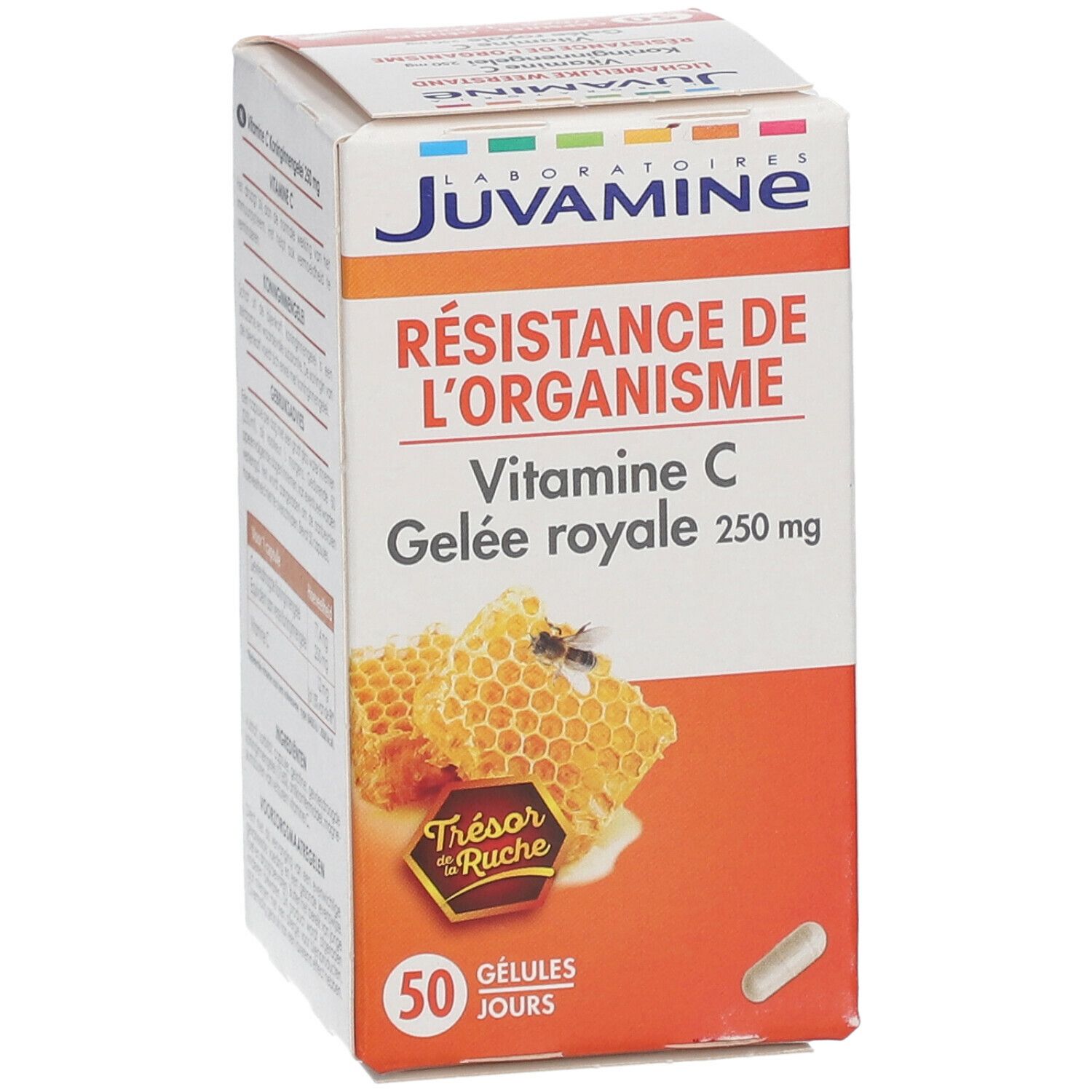 Doos JUVAMINE Vitamine C Gelee royale 250mg. Opschrift: Résistance de l'organisme. 50 capsules. Illustratie van honingraat.