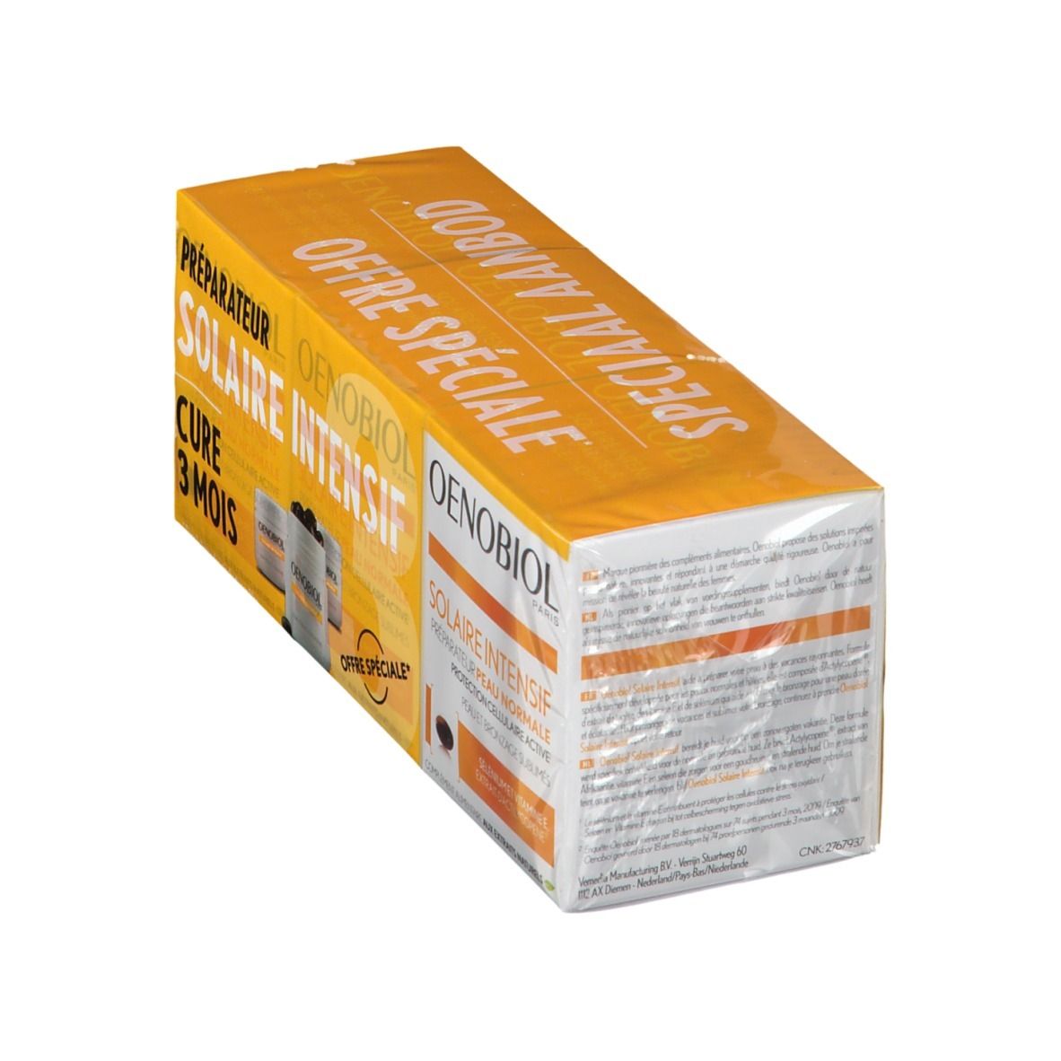 Emballage OENOBIOL Solaire Intensif, orange. Nom du produit et texte sur l'emballage.