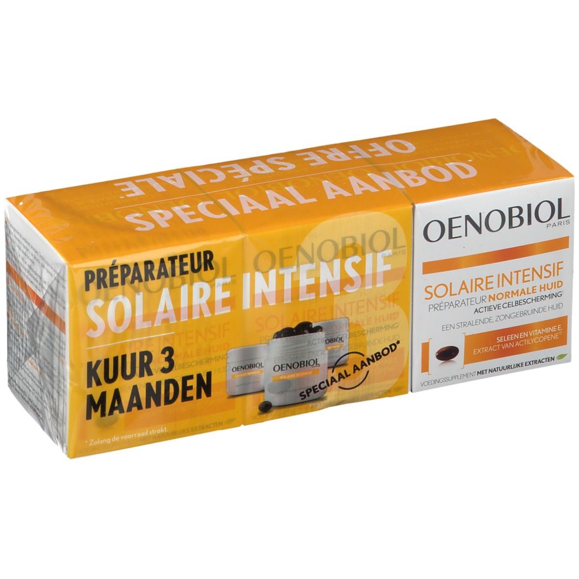 Emballage OENOBIOL Solaire Intensif. Boîte orange avec nom du produit et capsules.
