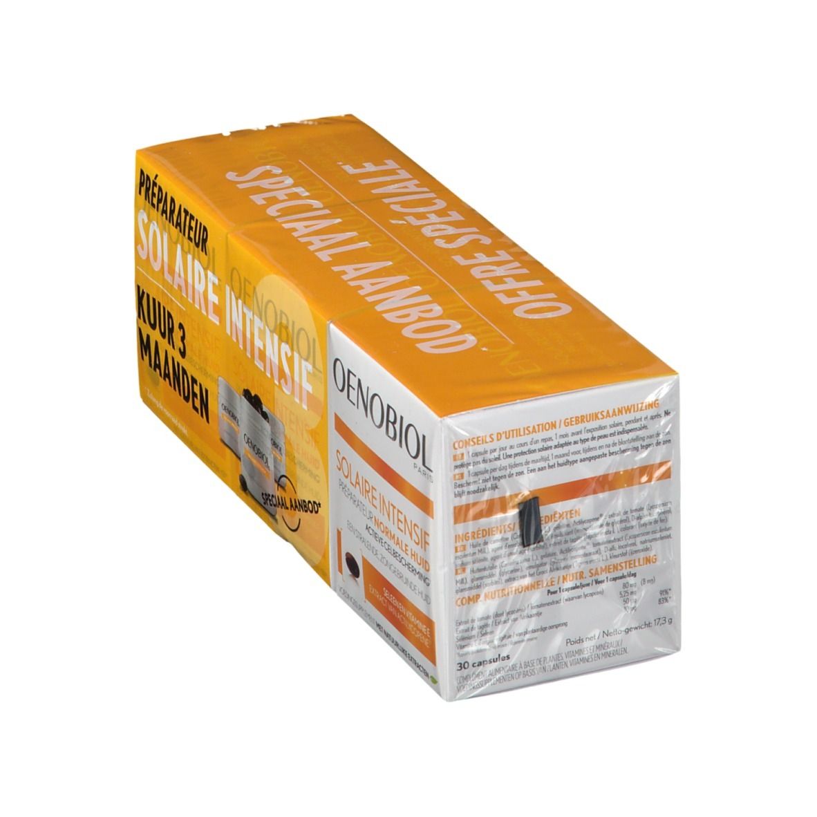 Emballage OENOBIOL Solaire Intensif, orange. Nom du produit et texte sur l'emballage.