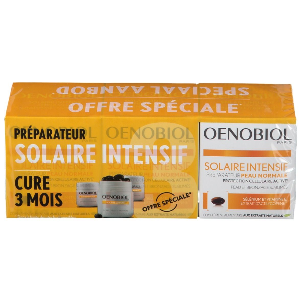 Emballage OENOBIOL Solaire Intensif. Boîte orange avec nom du produit et capsules.