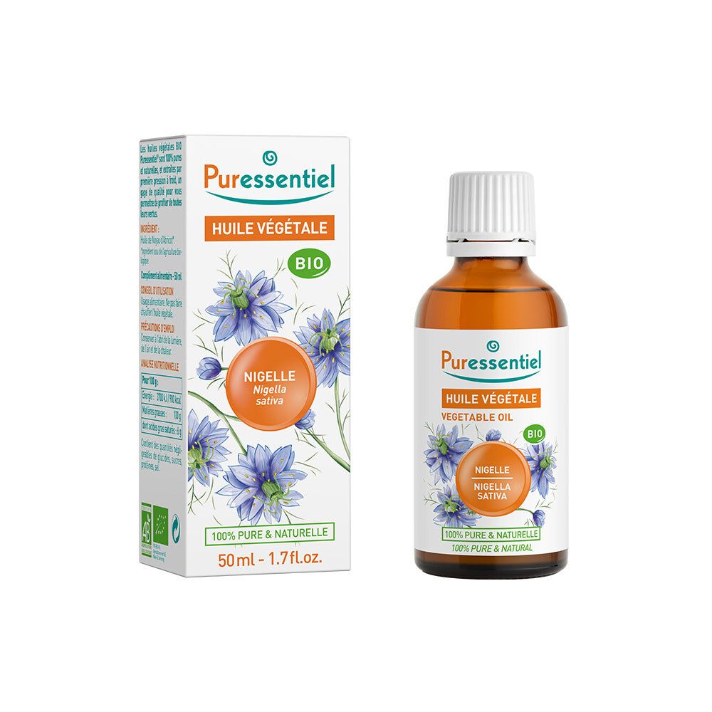Bruine glazen fles met witte dop en etiket. Opschrift: Puressentiel, Huile Végétale BIO, Nigella sativa.