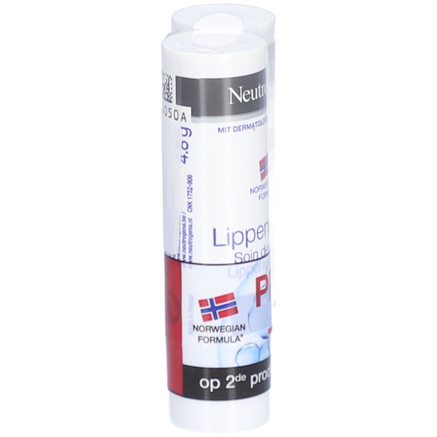 Lippenpflegestift. Weiß, mit schwarzem Deckel. Mit „Norwegische Formel“ und „Lippenpflege“.