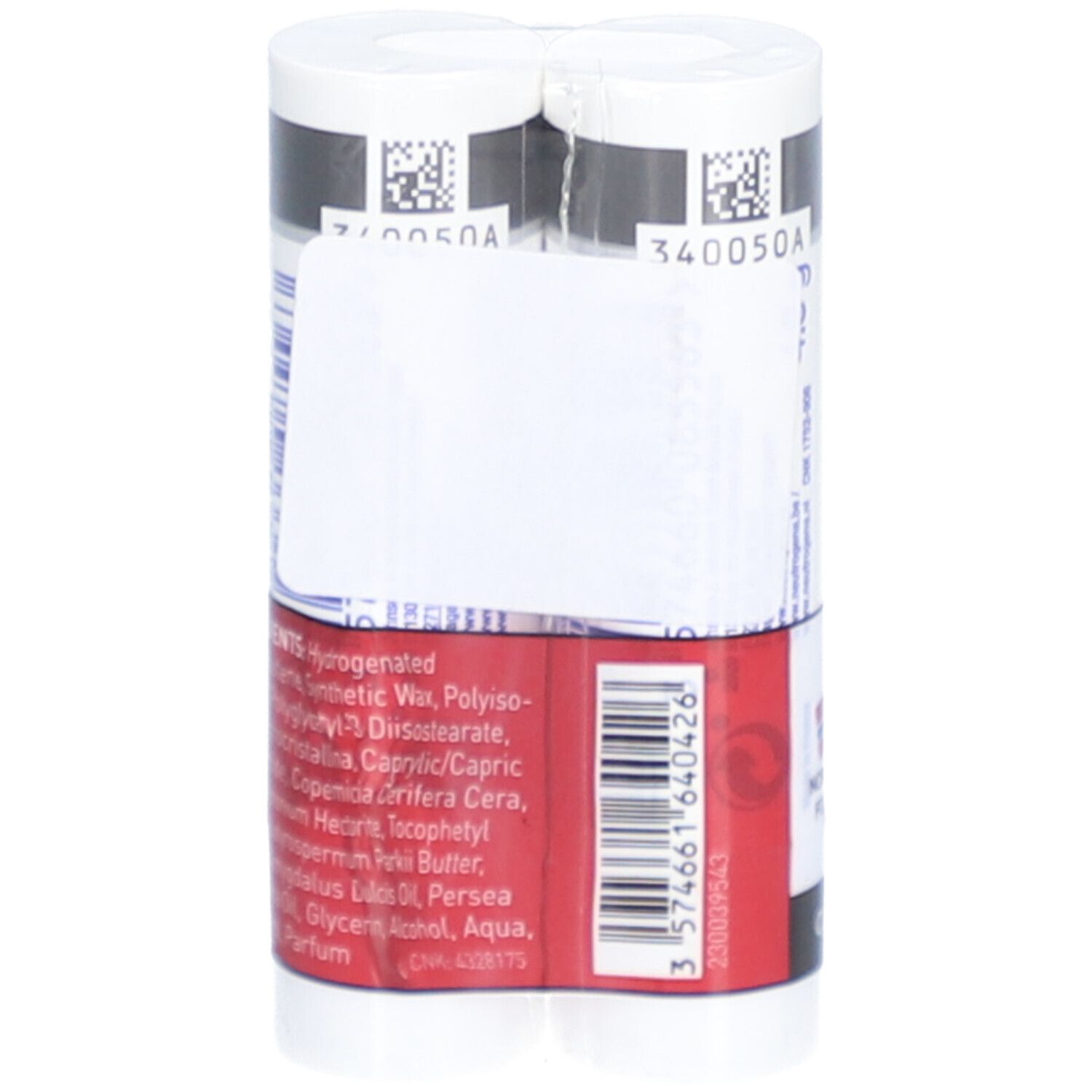 Rückseite der Lippenpflege. Inhaltsstoffe und Barcode. Weiß und rot.