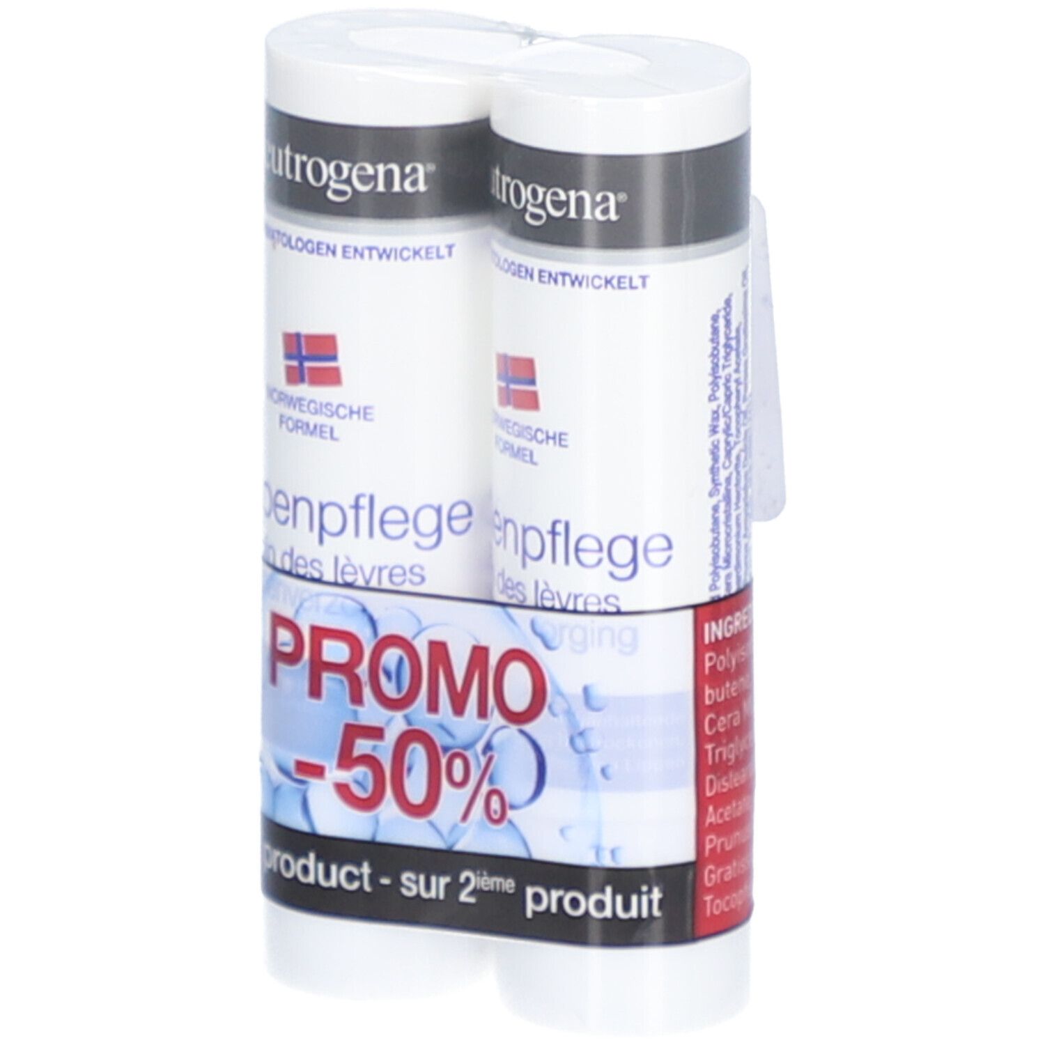 Zwei Lippenpflegestifte in Verpackung. Mit „PROMO -50%“ Aufdruck. Norwegische Formel.