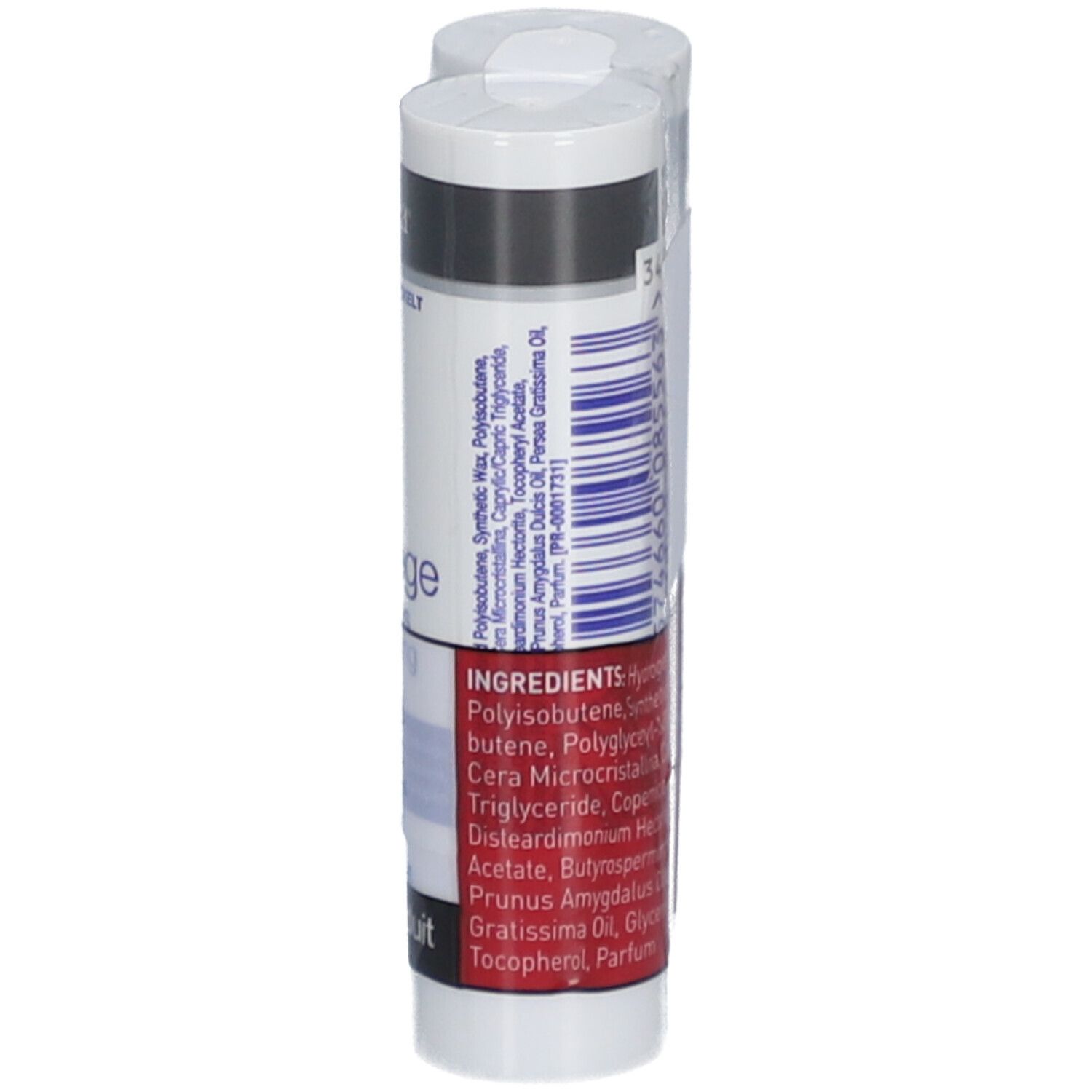 Lippenpflegestift. Rückseite mit Inhaltsstoffen. Weiß und rot.