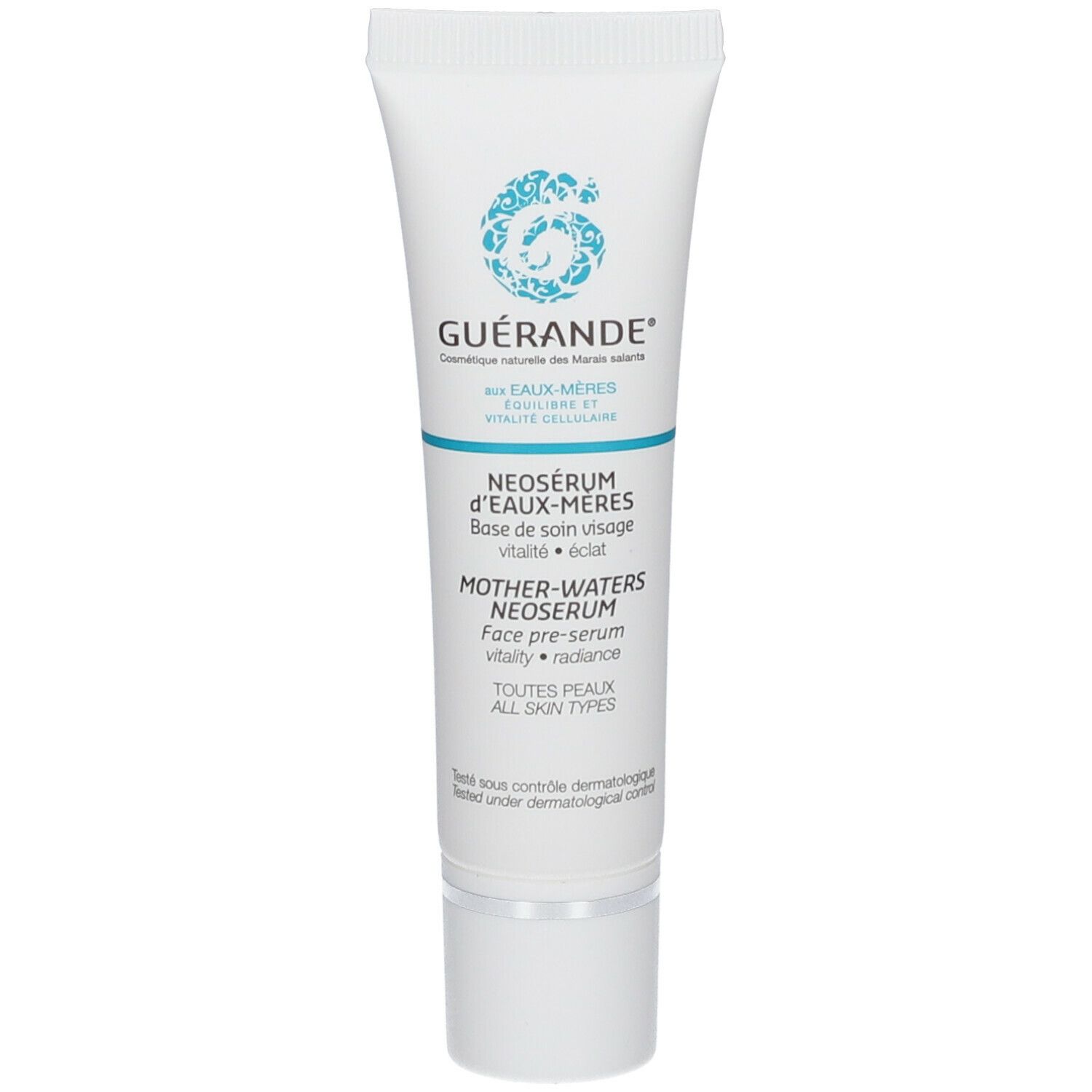 Tube blanc avec impression bleue. Contient Neoserum d'eaux-mères. Marque : GUÉRANDE. Pour tous types de peau.