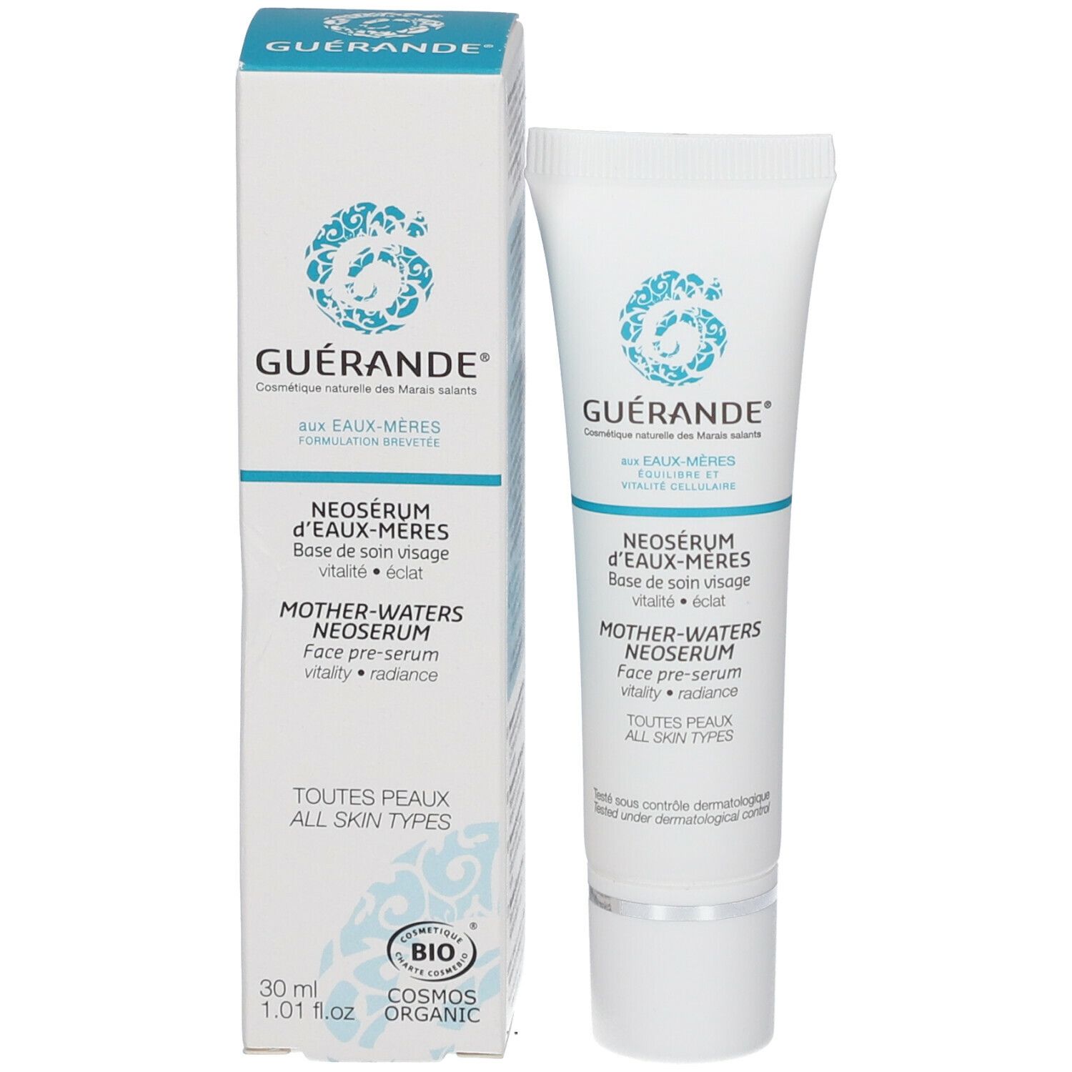 Emballage du produit avec tube et boîte. Contient Neoserum d'eaux-mères. Marque : GUÉRANDE. Certification bio.