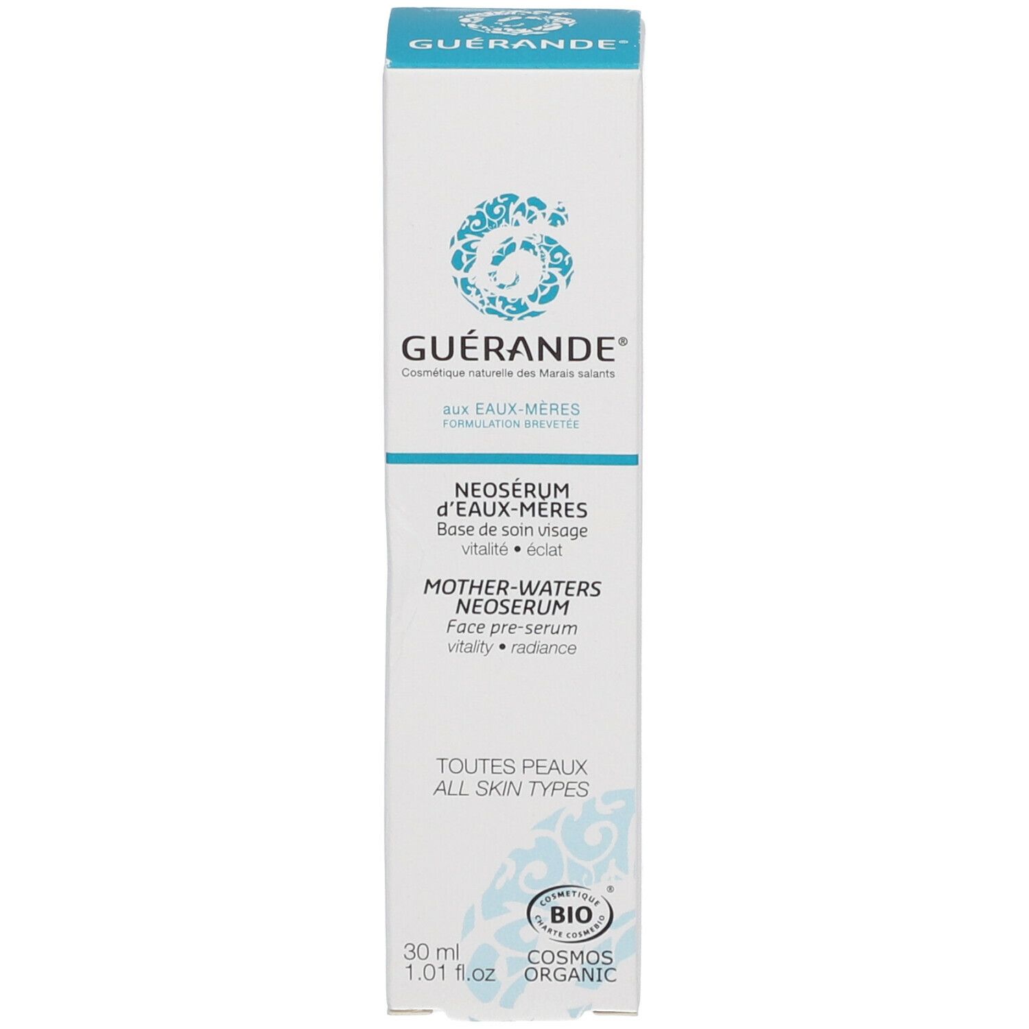 Boîte blanche avec impression bleue. Contient Neoserum d'eaux-mères. Marque : GUÉRANDE. Certification bio.