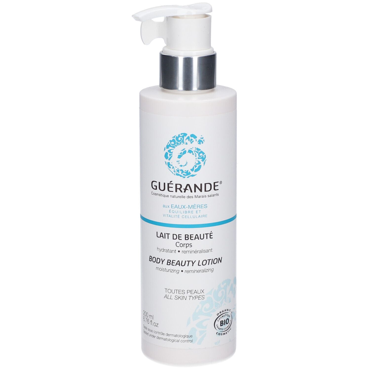 Weiße Flasche mit Pumpe. Aufschrift: GUÉRANDE, LAIT DE BEAUTÉ Corps, BODY BEAUTY LOTION. Bio-Zertifizierung.