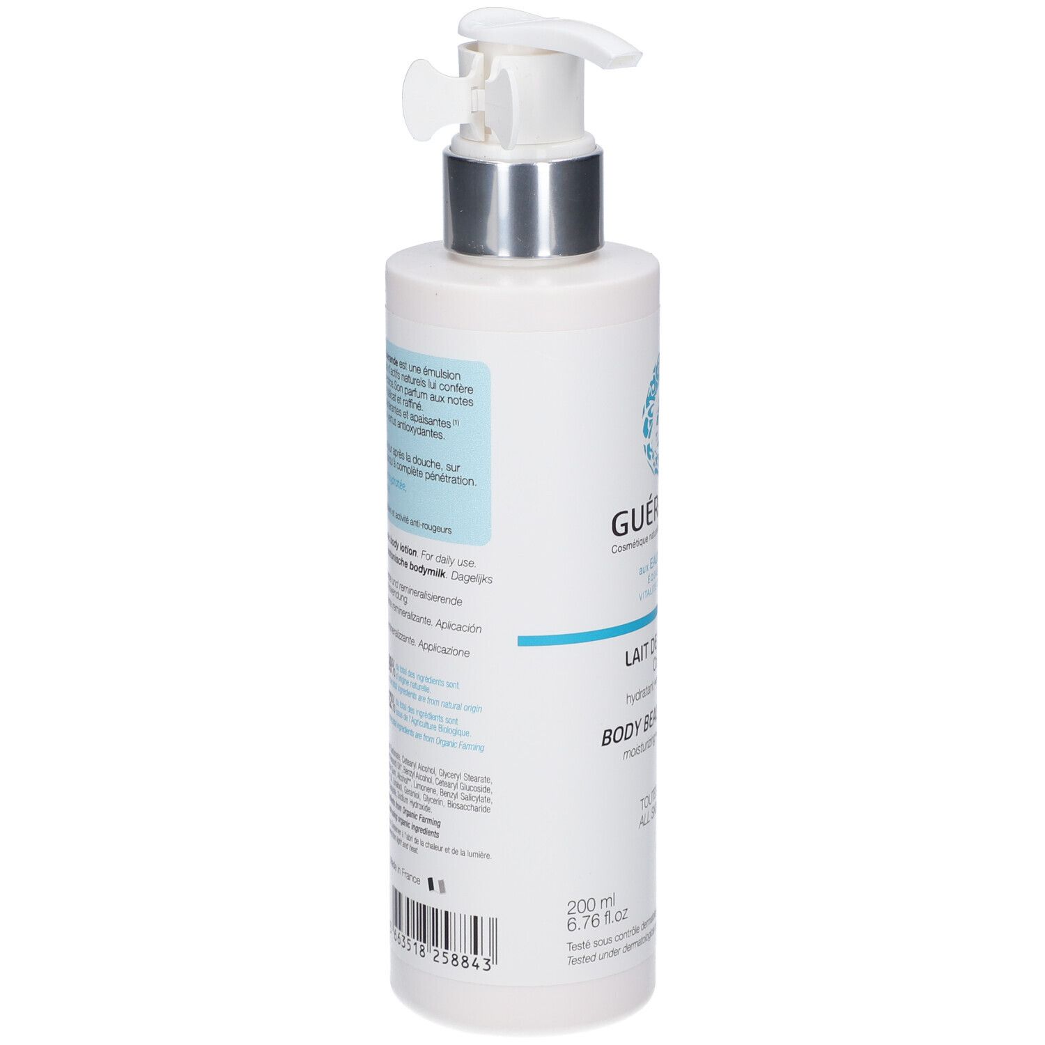 Weiße Flasche mit Pumpe. Rückseite mit Text. Aufschrift: 200 ml, 6.76 fl oz. Bio-Zertifizierung.