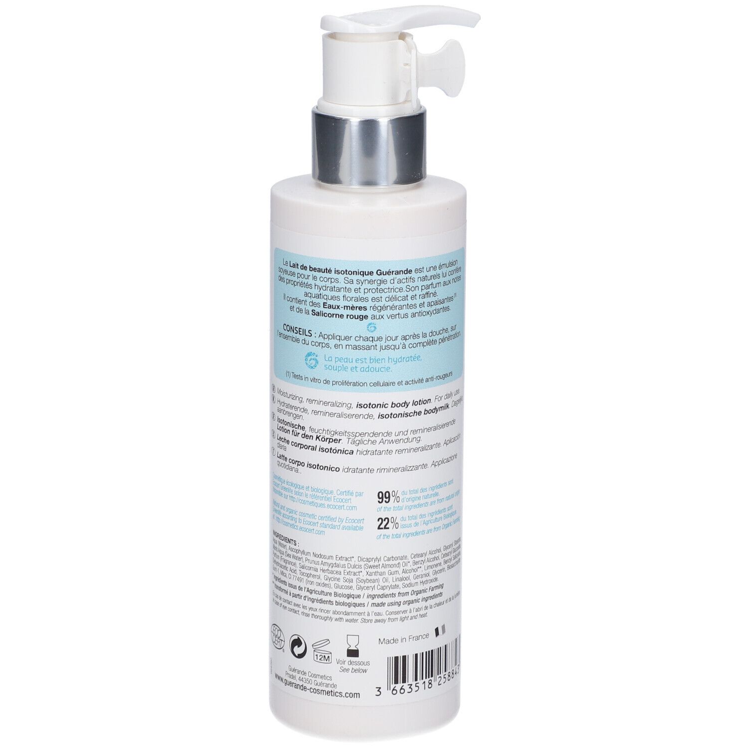 Weiße Flasche mit Pumpe. Rückseite mit Text. Aufschrift: 200 ml, 6.76 fl oz. Bio-Zertifizierung.