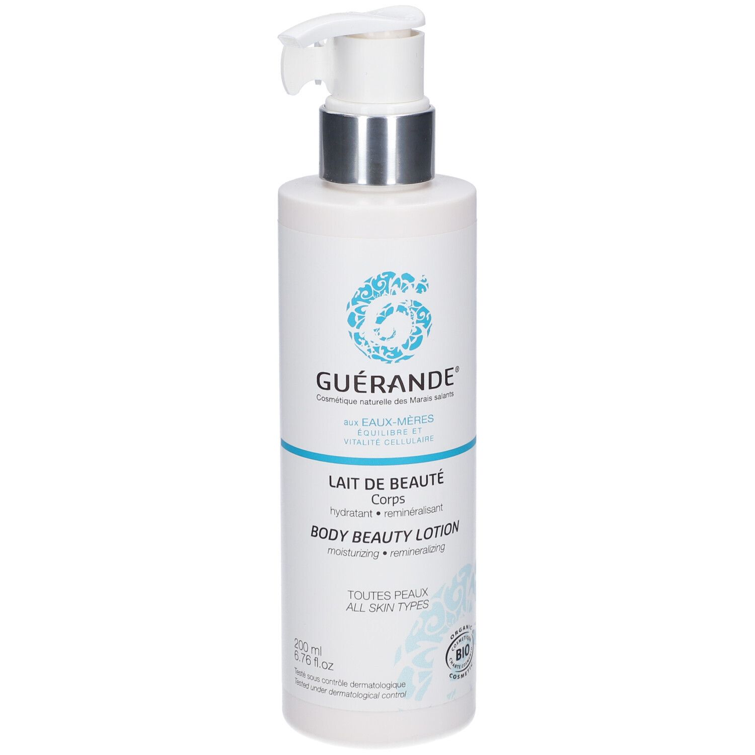 Weiße Flasche mit Pumpe. Aufschrift: GUÉRANDE, LAIT DE BEAUTÉ Corps, BODY BEAUTY LOTION. Bio-Zertifizierung.
