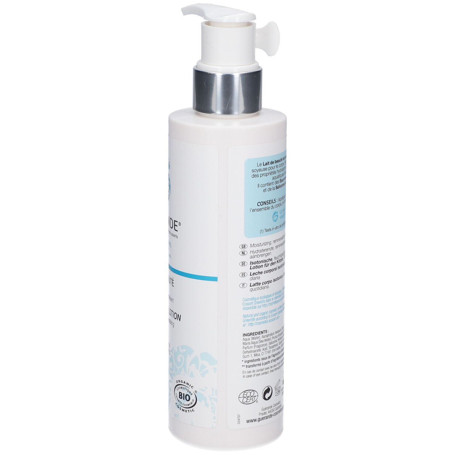 Weiße Flasche mit Pumpe. Aufschrift: GUÉRANDE, LAIT DE BEAUTÉ Corps, BODY BEAUTY LOTION. Bio-Zertifizierung.