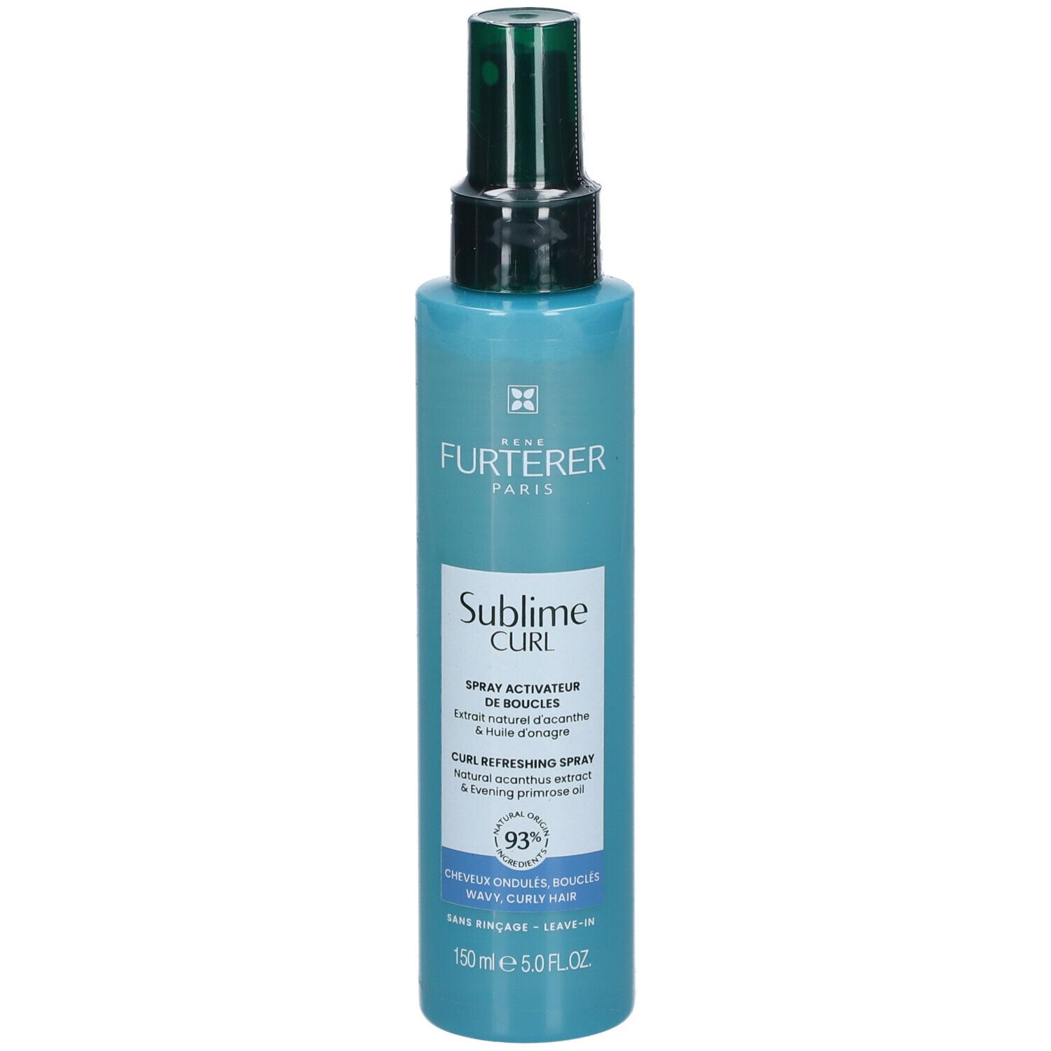 Türkisblaue Sprühflasche mit schwarzem Sprühkopf. Aufschrift: René Furterer Paris, Sublime Curl, Locken-Aktivierungs-Spray.