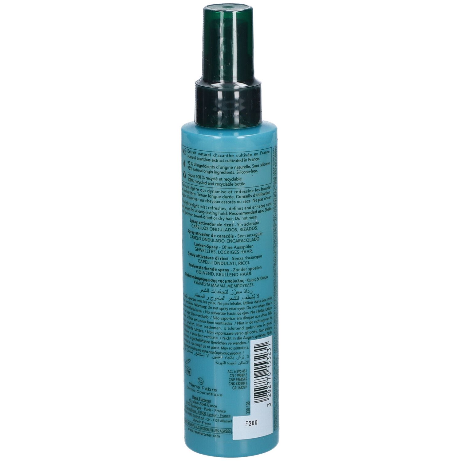 Rückansicht einer türkisfarbenen Sprühflasche mit schwarzem Sprühkopf. Text auf der Flasche.