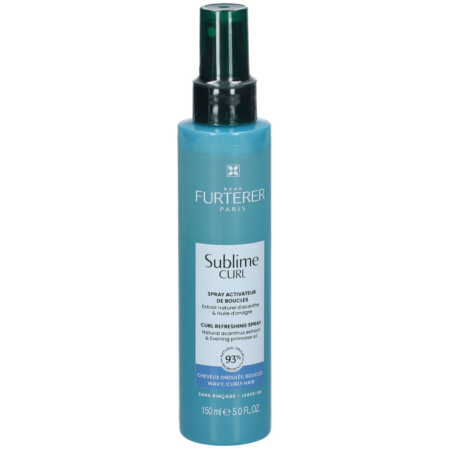Türkisblaue Sprühflasche mit schwarzem Sprühkopf. Aufschrift: René Furterer Paris, Sublime Curl, Locken-Aktivierungs-Spray.