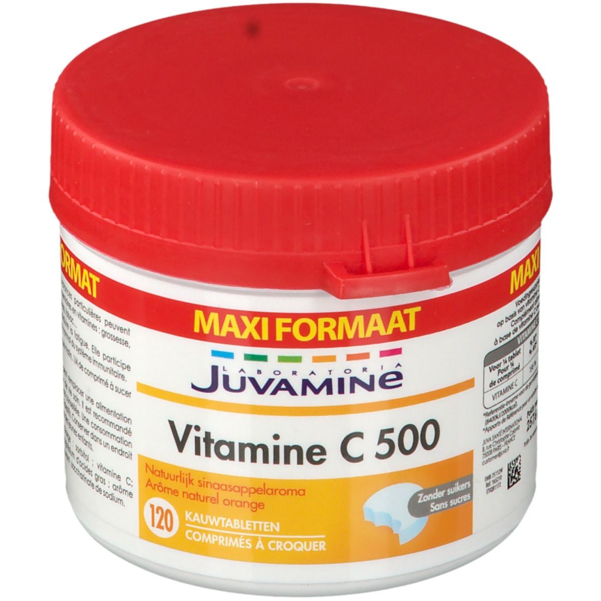 Wit, cilindrisch Juvamine Vitamine C 500-potje met rode deksel. Opschrift: 'MAXI FORMAAT', '120 kauwtabletten'.