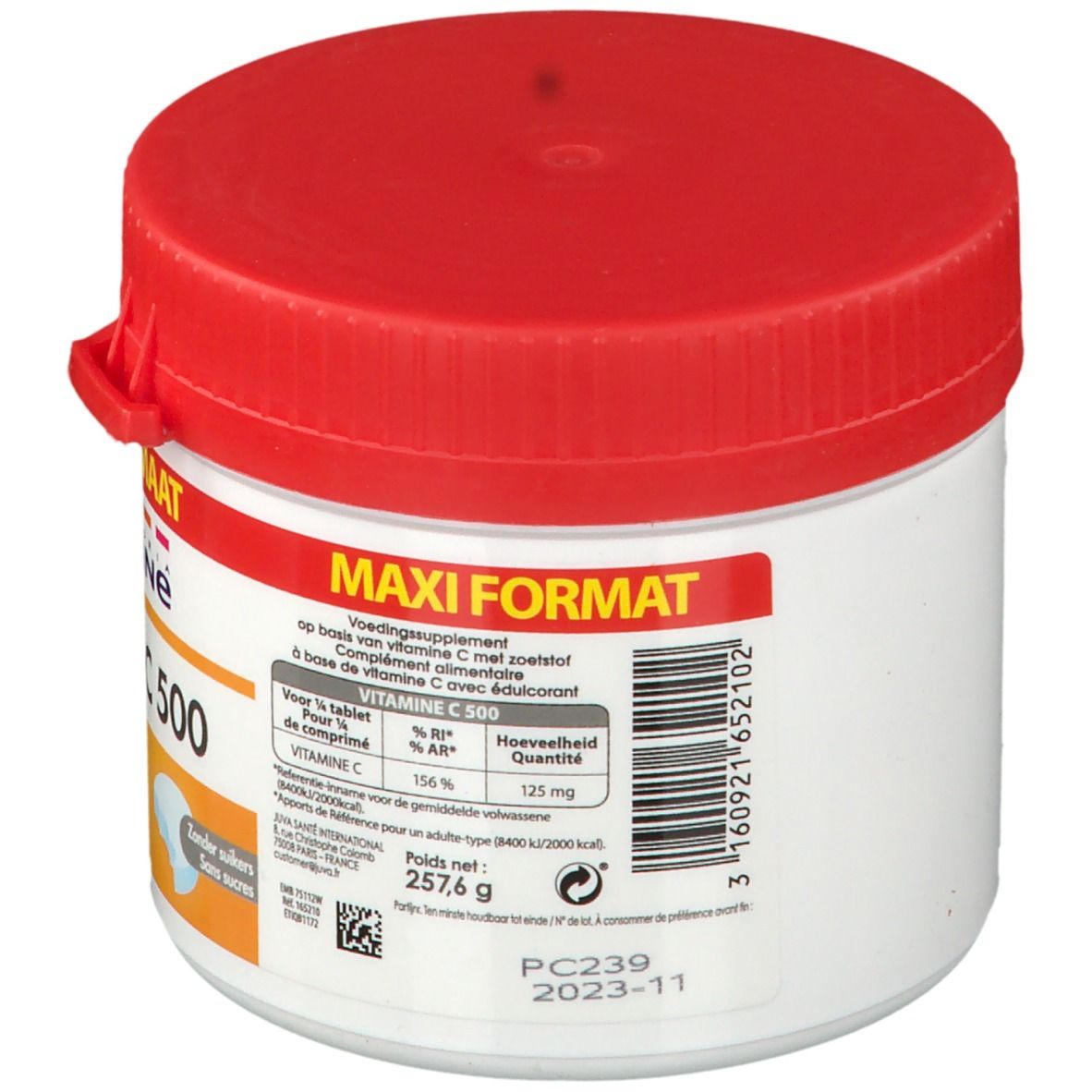 Achterkant van het witte, cilindrische Juvamine Vitamine C 500-potje met rode deksel. Bevat informatie over ingrediënten en voedingswaarden.
