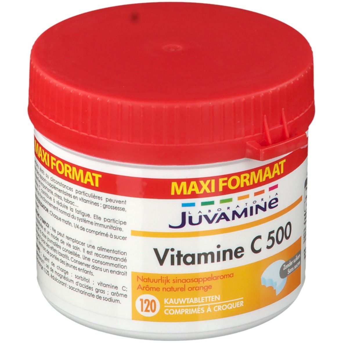 Wit, cilindrisch Juvamine Vitamine C 500-potje met rode deksel. Opschrift: 'MAXI FORMAAT', '120 kauwtabletten'.