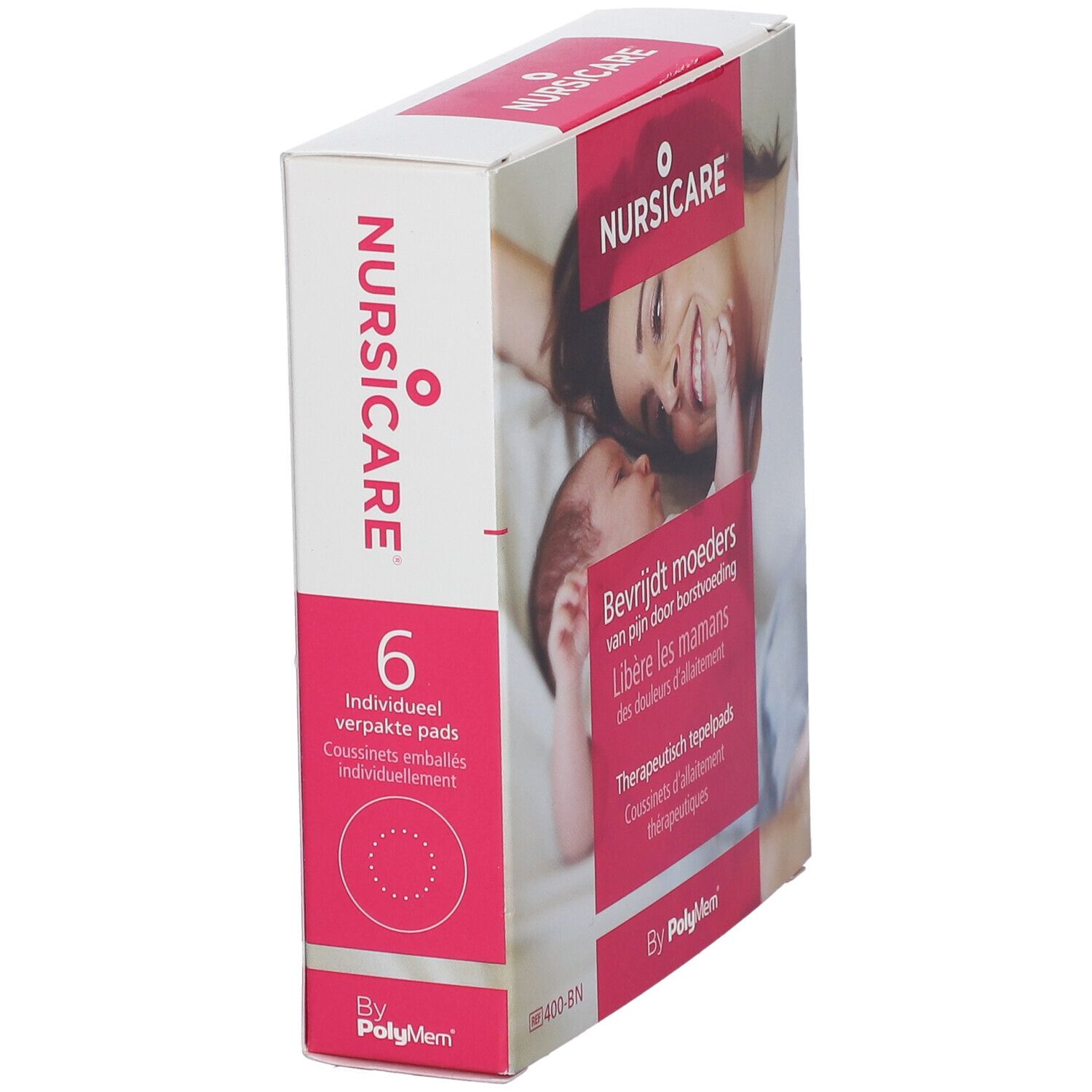 Boîte Nursicare en biais. Image femme et bébé, texte en néerlandais et français. 6 coussinets emballés individuellement.
