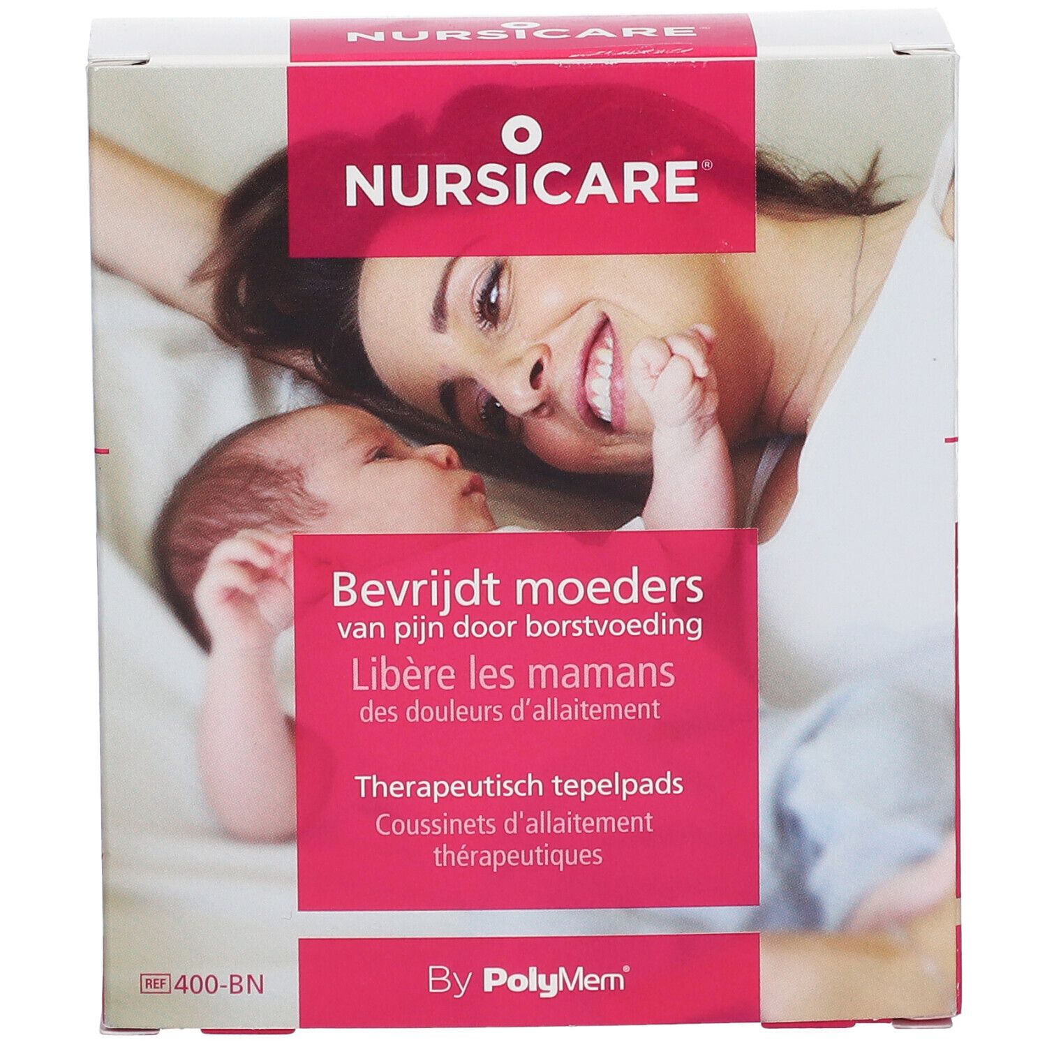 Boîte Nursicare. Image femme et bébé, texte en néerlandais et français. 6 pièces. Marque PolyMem.