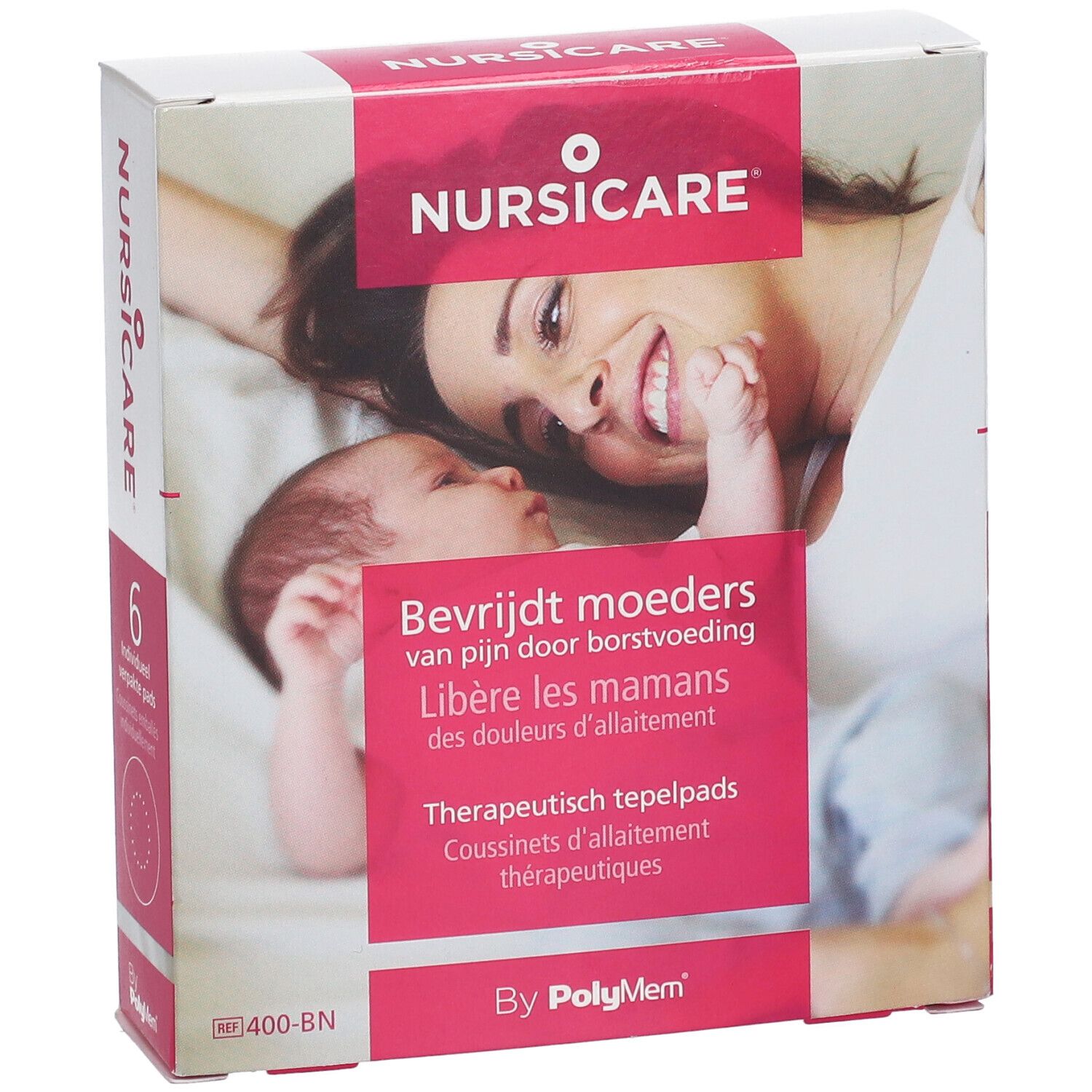 Boîte Nursicare. Image femme et bébé, texte en néerlandais et français. 6 pièces. Marque PolyMem.