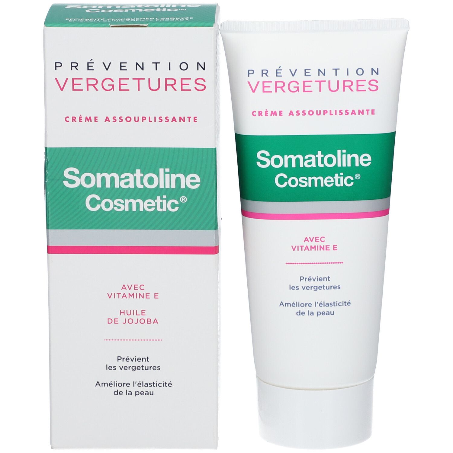 Produktverpackung und Tube. Verpackung: weiß mit grünem Streifen. Tube: weiß mit grünem Streifen. Aufschrift: Somatoline Cosmetic.