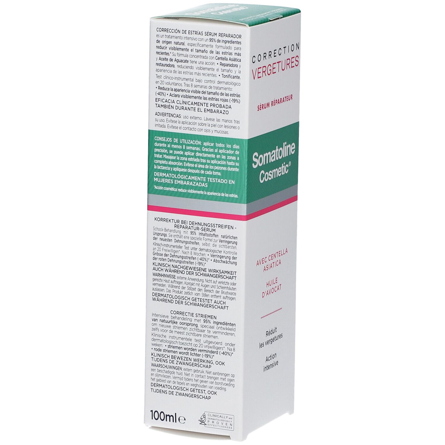 Rückseite der Verpackung des Somatoline Cosmetic Dehnungsstreifen Serum mit Anwendungshinweisen.