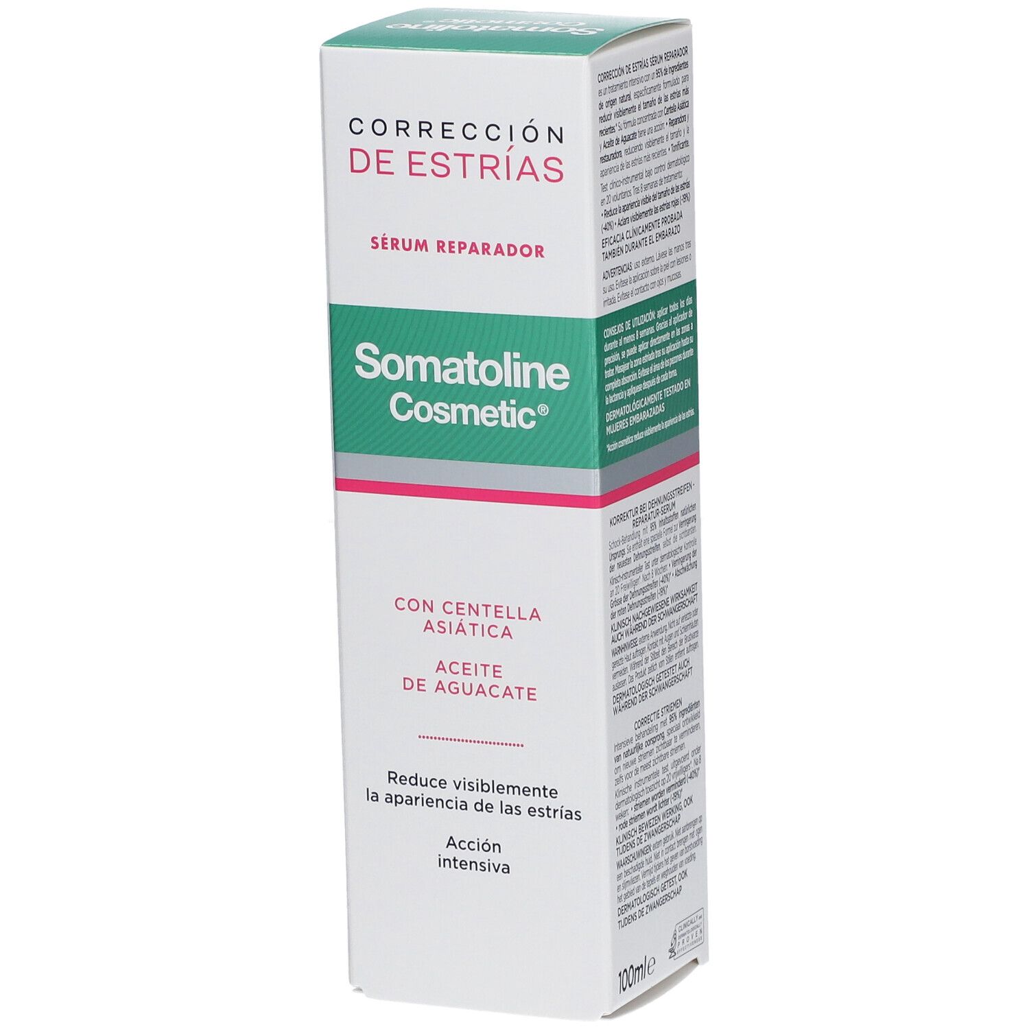 Verpackung des Somatoline Cosmetic Dehnungsstreifen Serum, spanische Version.