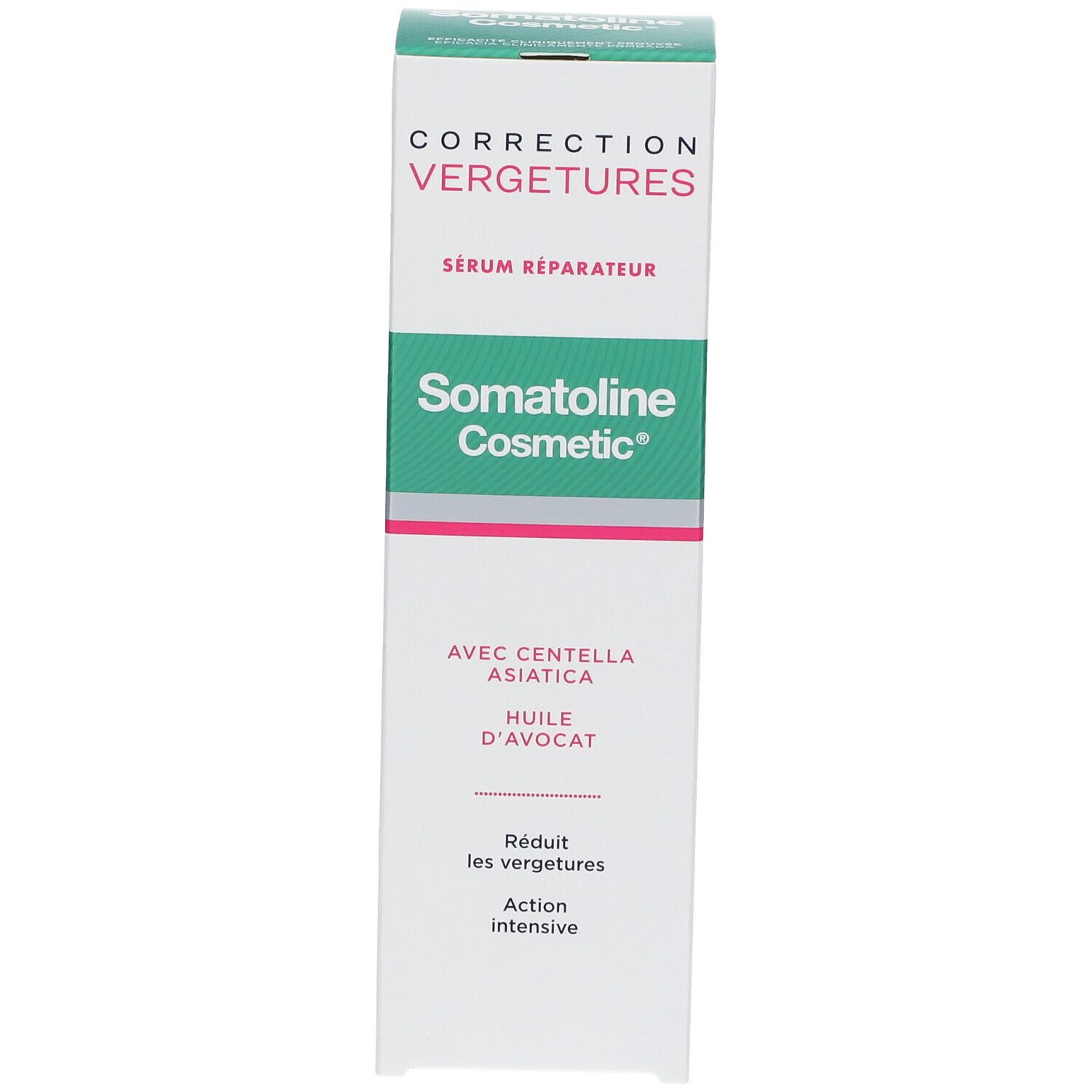 Verpackung des Somatoline Cosmetic Dehnungsstreifen Serum mit Centella Asiatica und Avocadoöl.