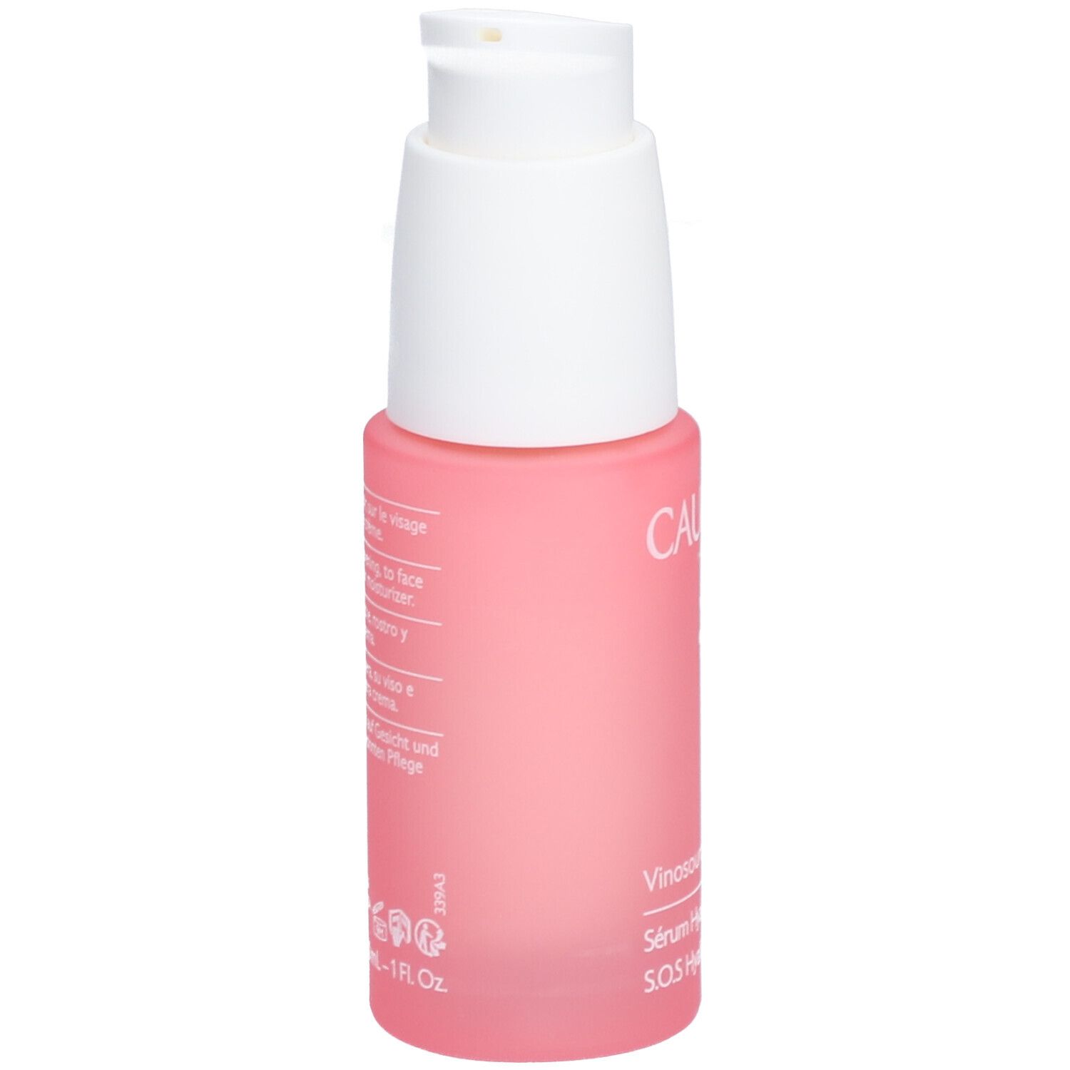 Rückseite der rosa Flasche. Text in mehreren Sprachen. Caudalie und Produktname sind sichtbar.