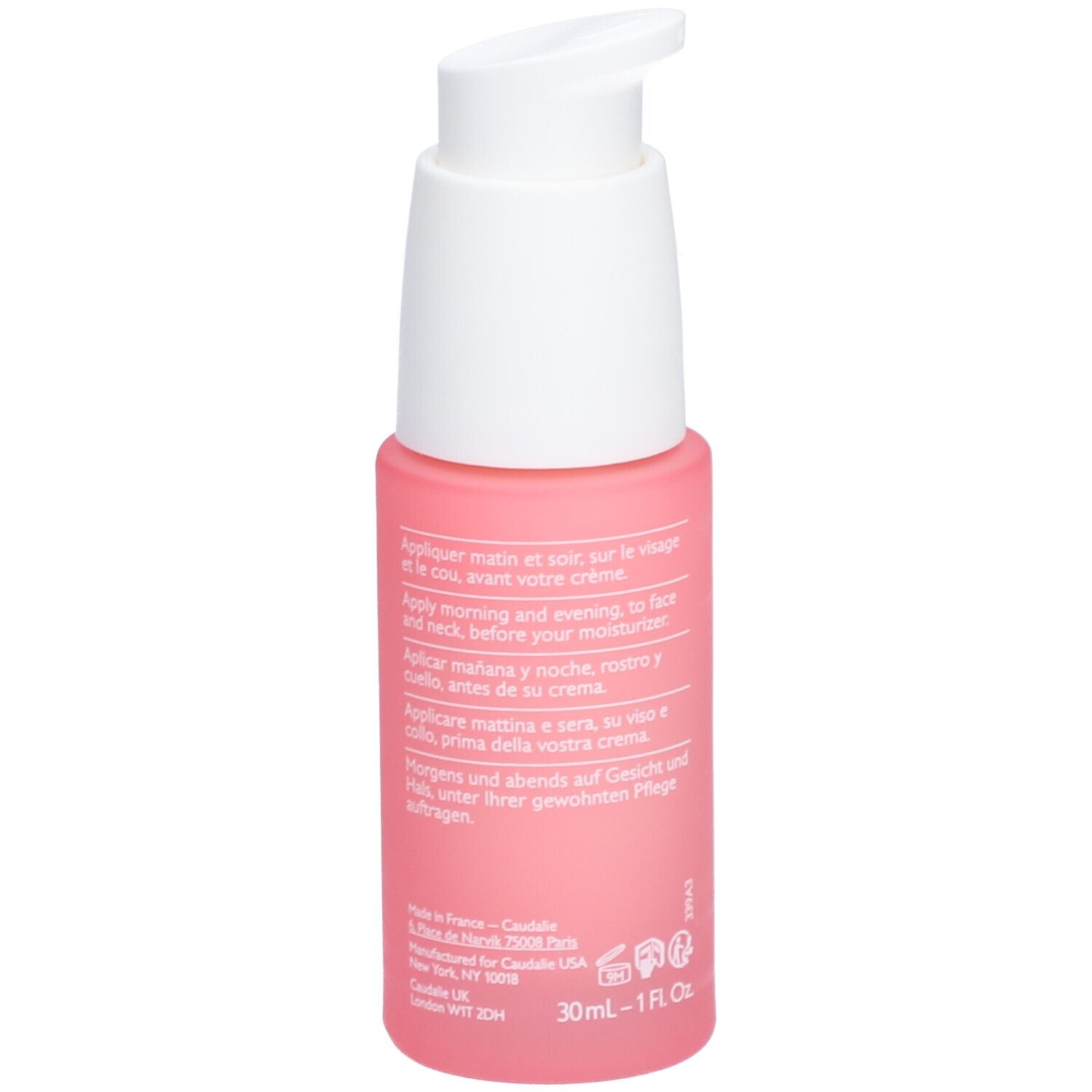 Rückseite der rosa Flasche. Text in mehreren Sprachen. Caudalie und Produktname sind sichtbar.