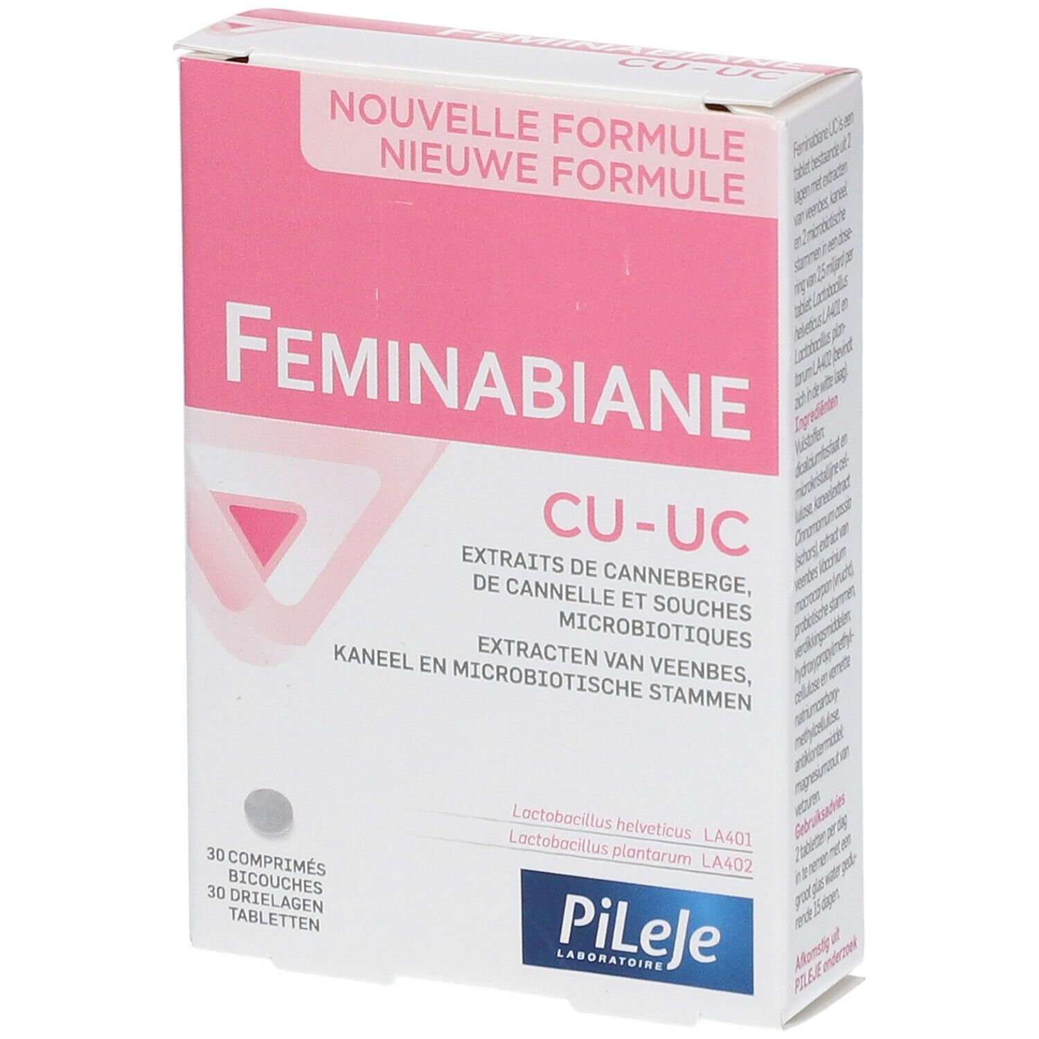 FEMINABIANE CU-UC verpakking. Roze en witte doos met productnaam en ingrediënten. 30 tabletten.