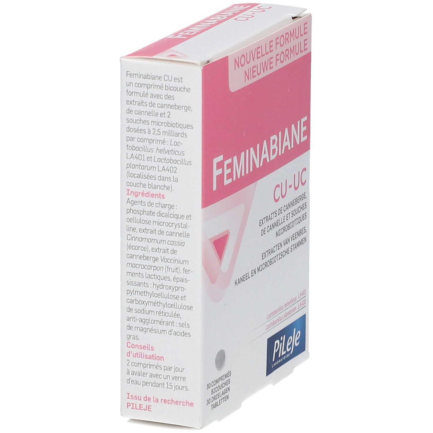 FEMINABIANE CU-UC verpakking. Roze en witte doos met productinformatie en ingrediënten. Pileje logo.