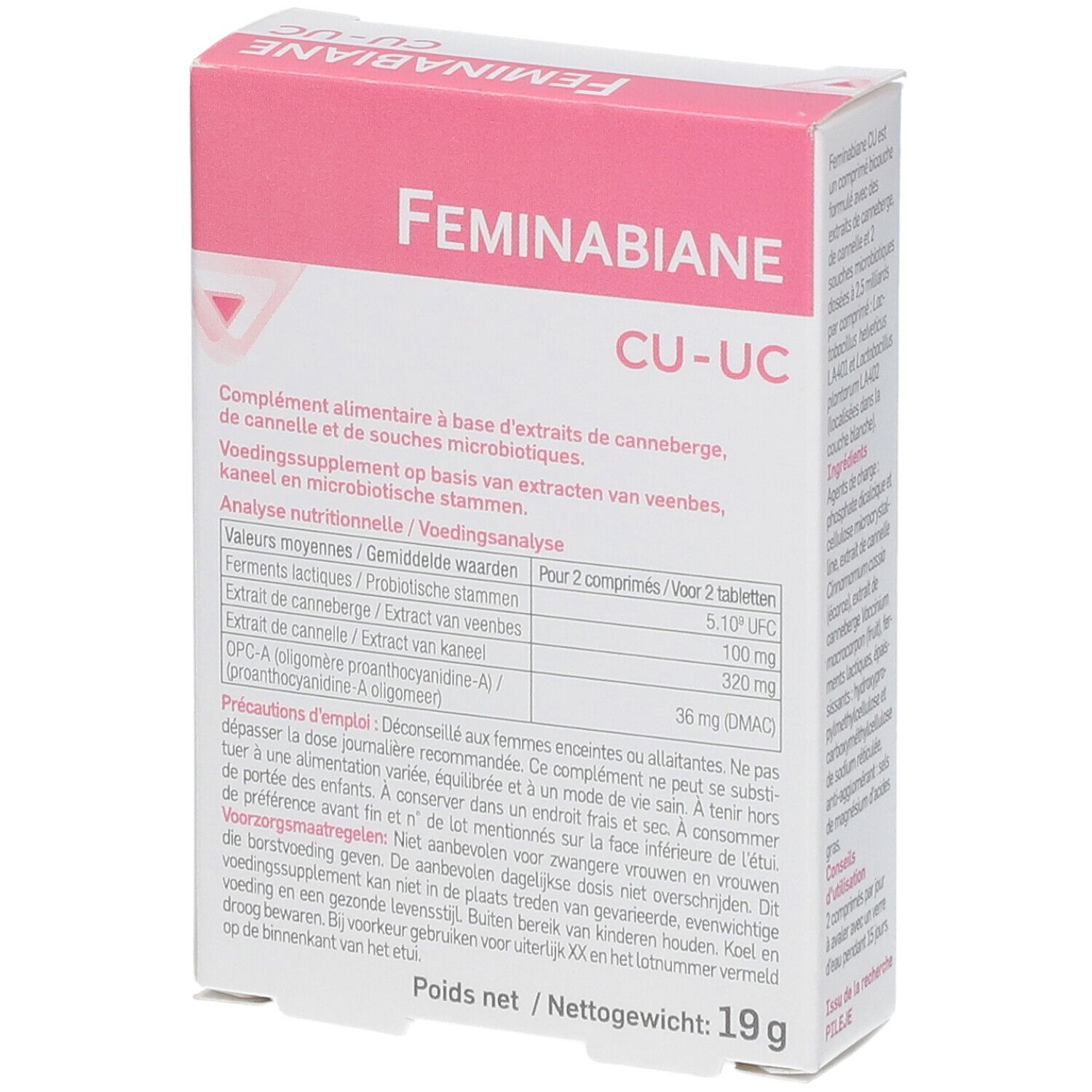 FEMINABIANE CU-UC verpakking. Roze en witte doos met voedingsinformatie en ingrediënten. 19g.