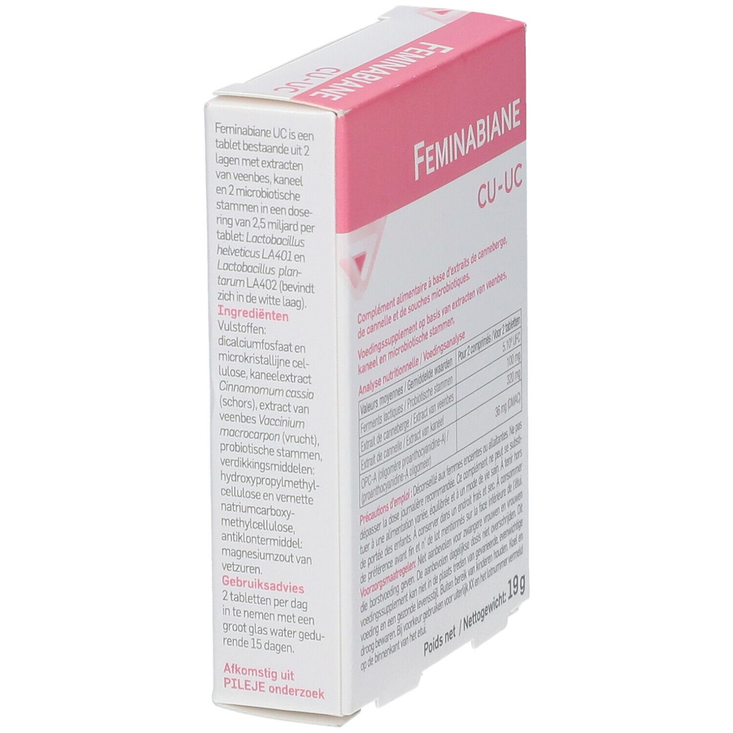 FEMINABIANE CU-UC verpakking. Roze en witte doos met productinformatie en ingrediënten. 19g.